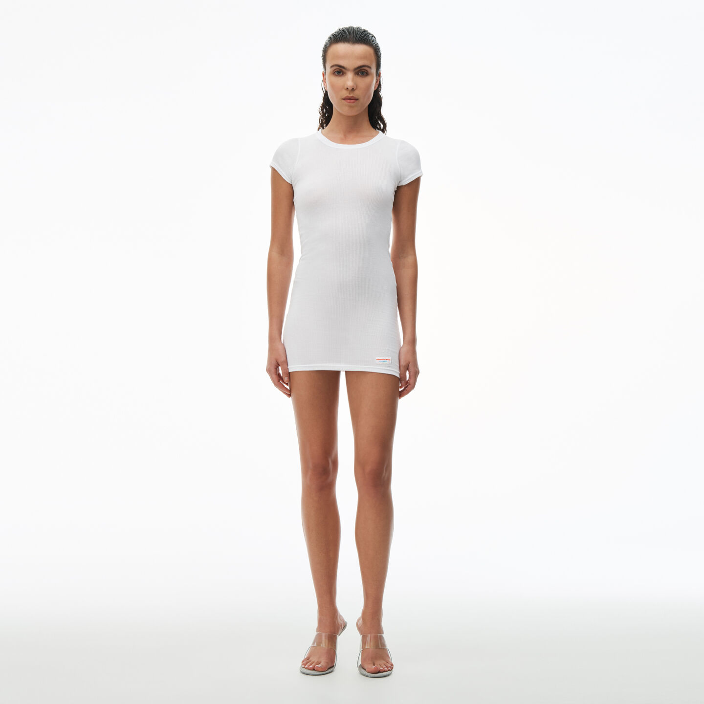 Alexander Wang Short Sleeve Crewneck Dress In Ribbed Cotton In White