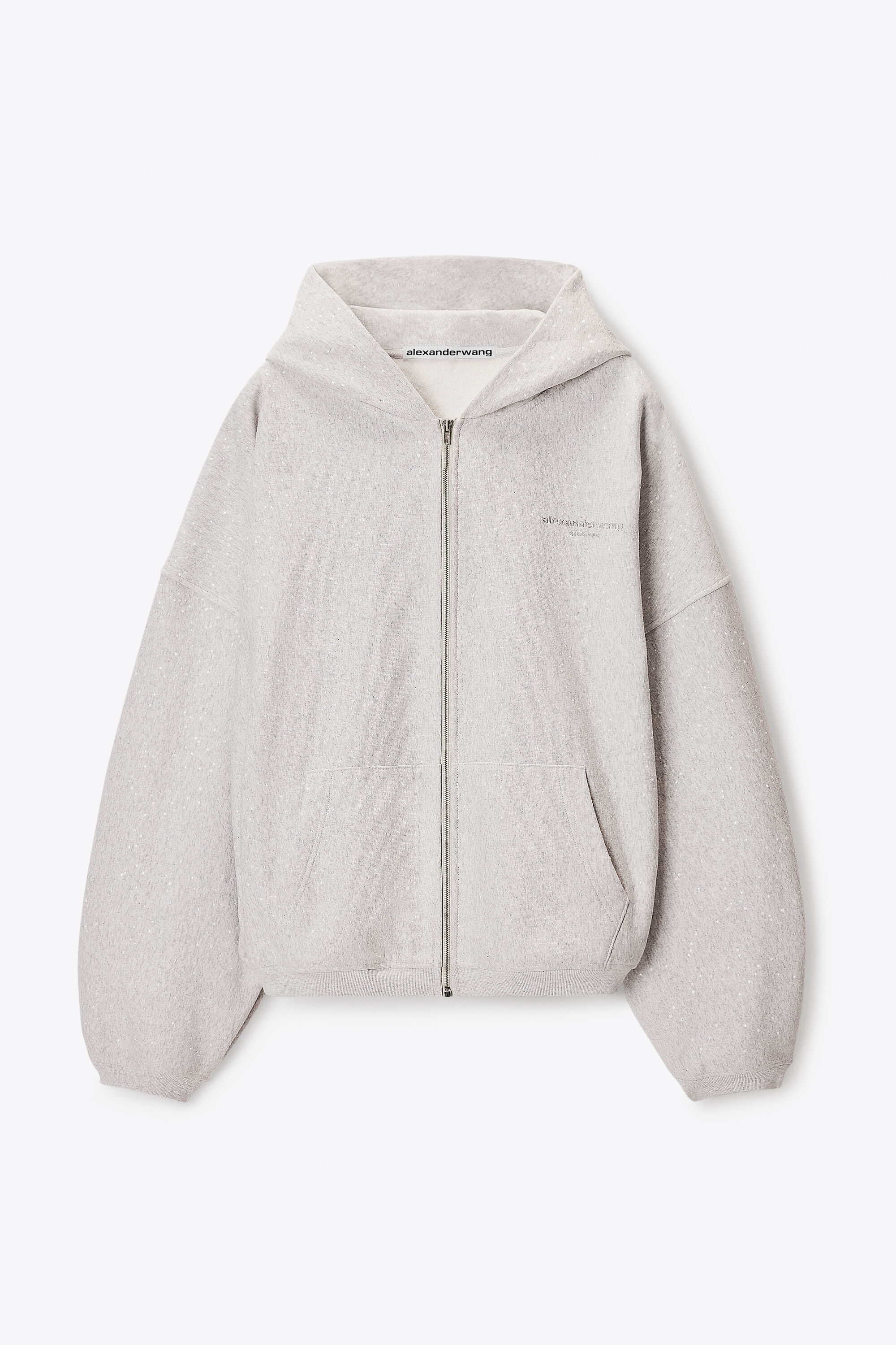 Crystal embellished oversized zip-up hoodie in LIGHT HEATHER GREY