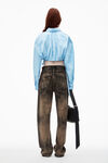 Alexander Wang chambray blue cropped drawstring blouse in cotton & crystal hotfix poplin