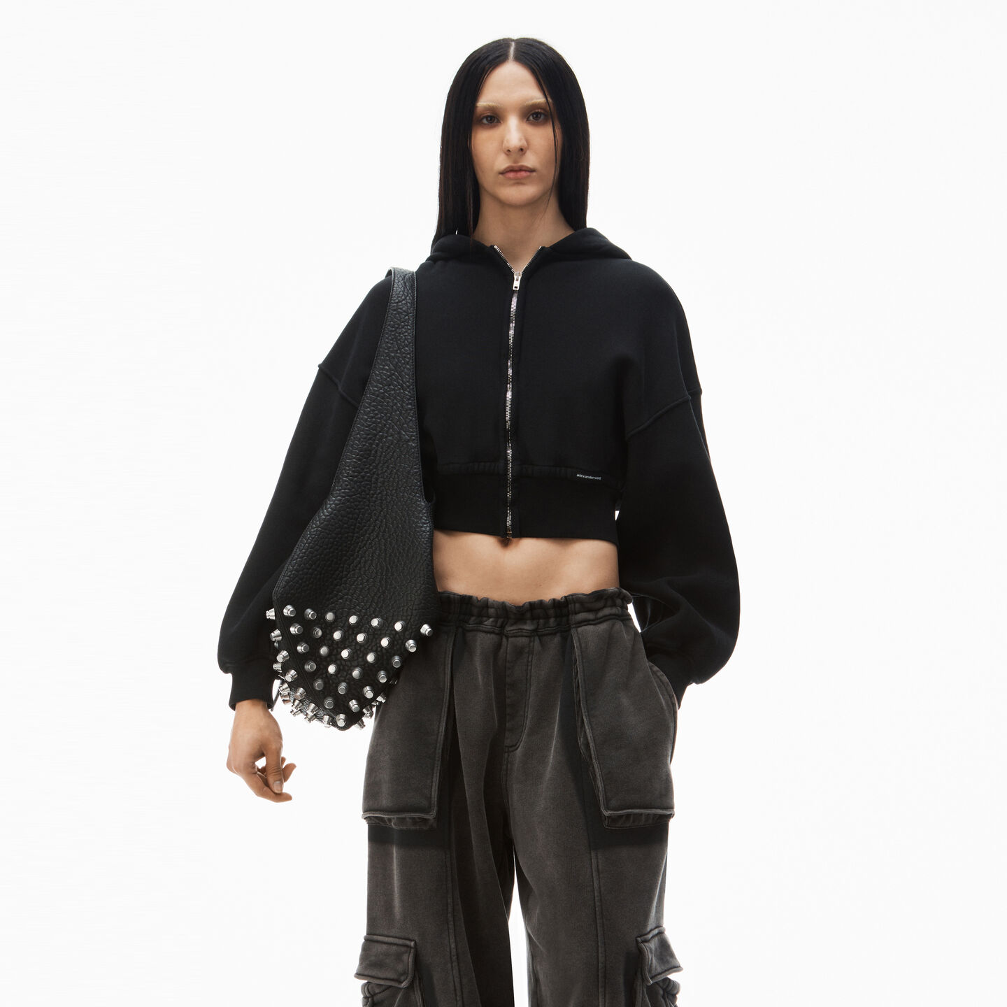 Shop Alexander Wang Cropped Zip Up Hoodie In Classic Terry In Faded Black