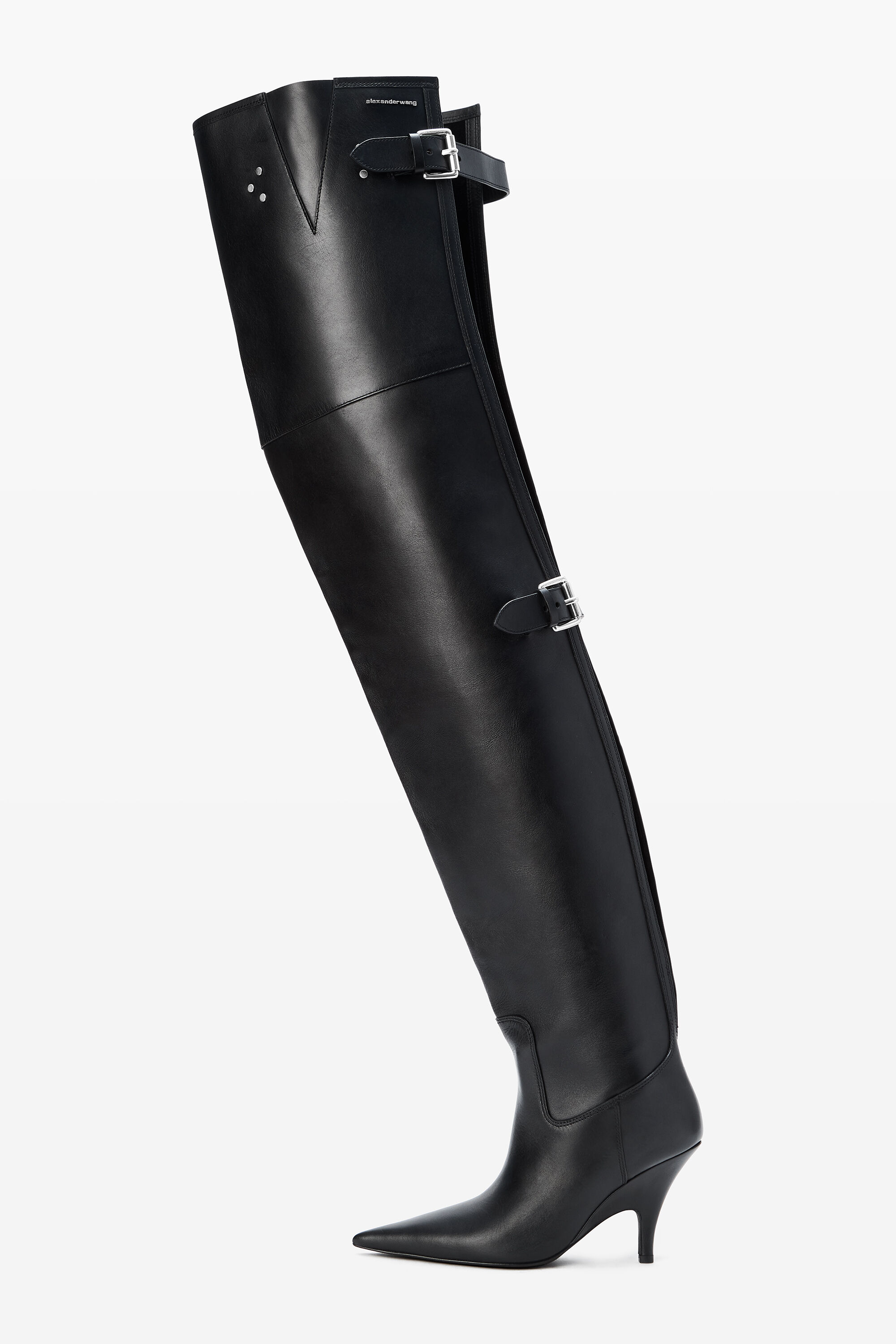 Diablo Open Back Thigh-High Boot in Leather in BLACK