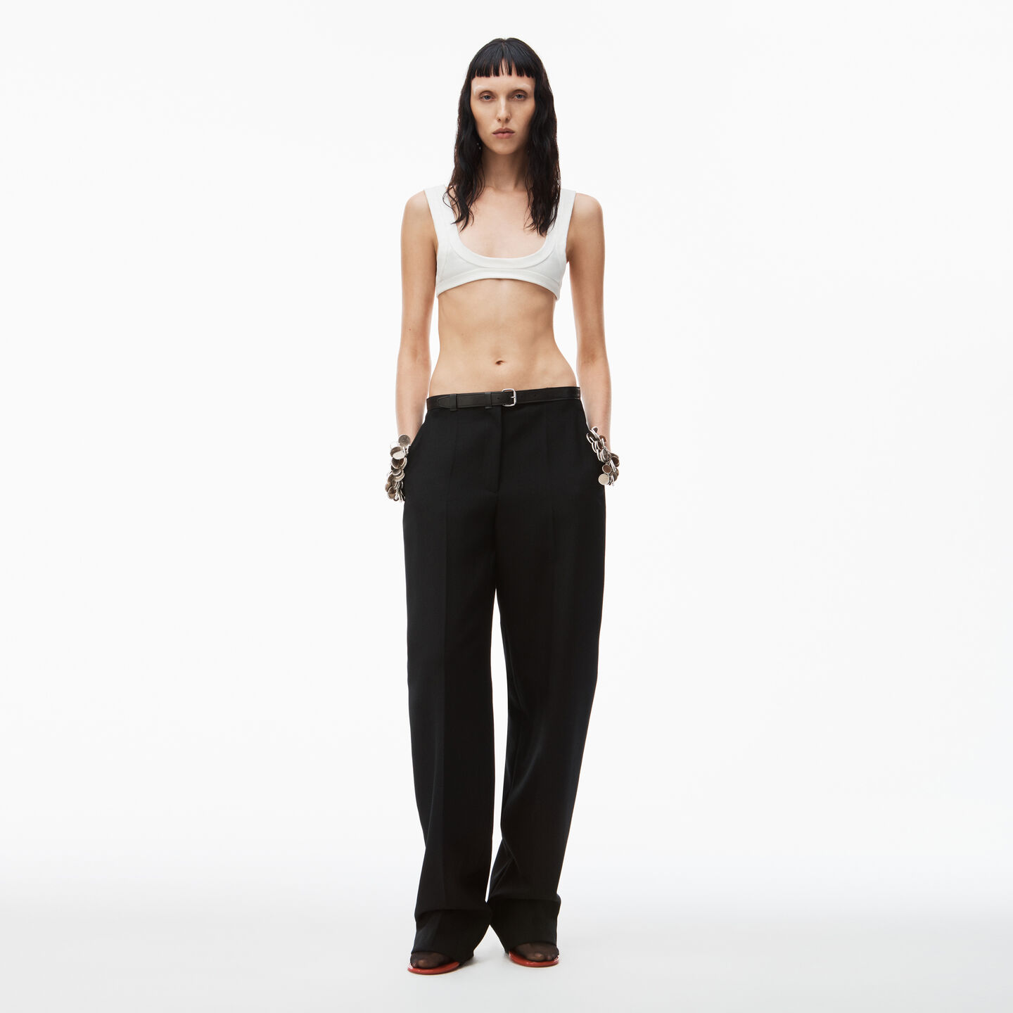 Alexander Wang Wool Canvas Low Waist Trouser With Leather Belted Waistband In Black