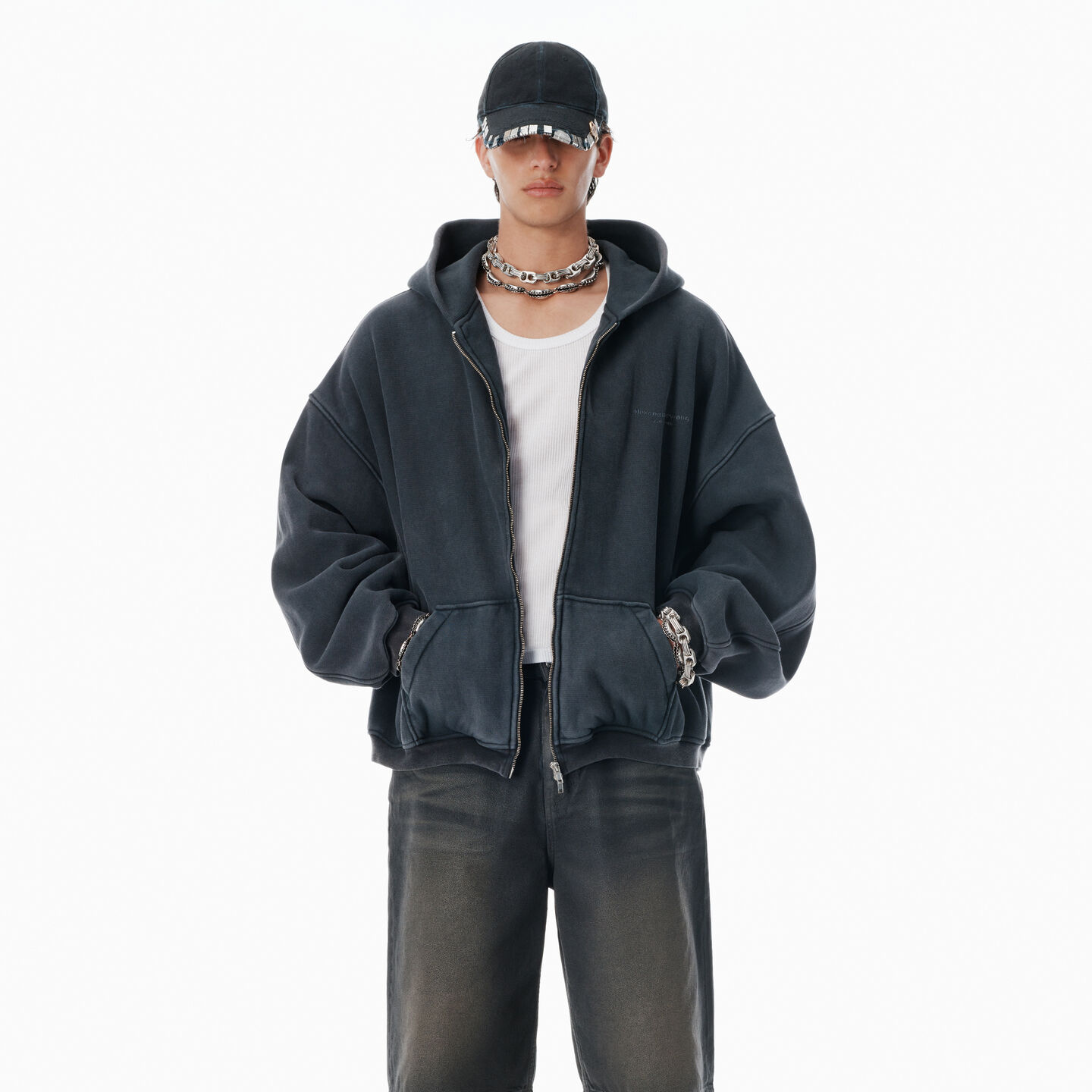 Alexander Wang Black Cotton Logo Zip-up Hoodie In Black