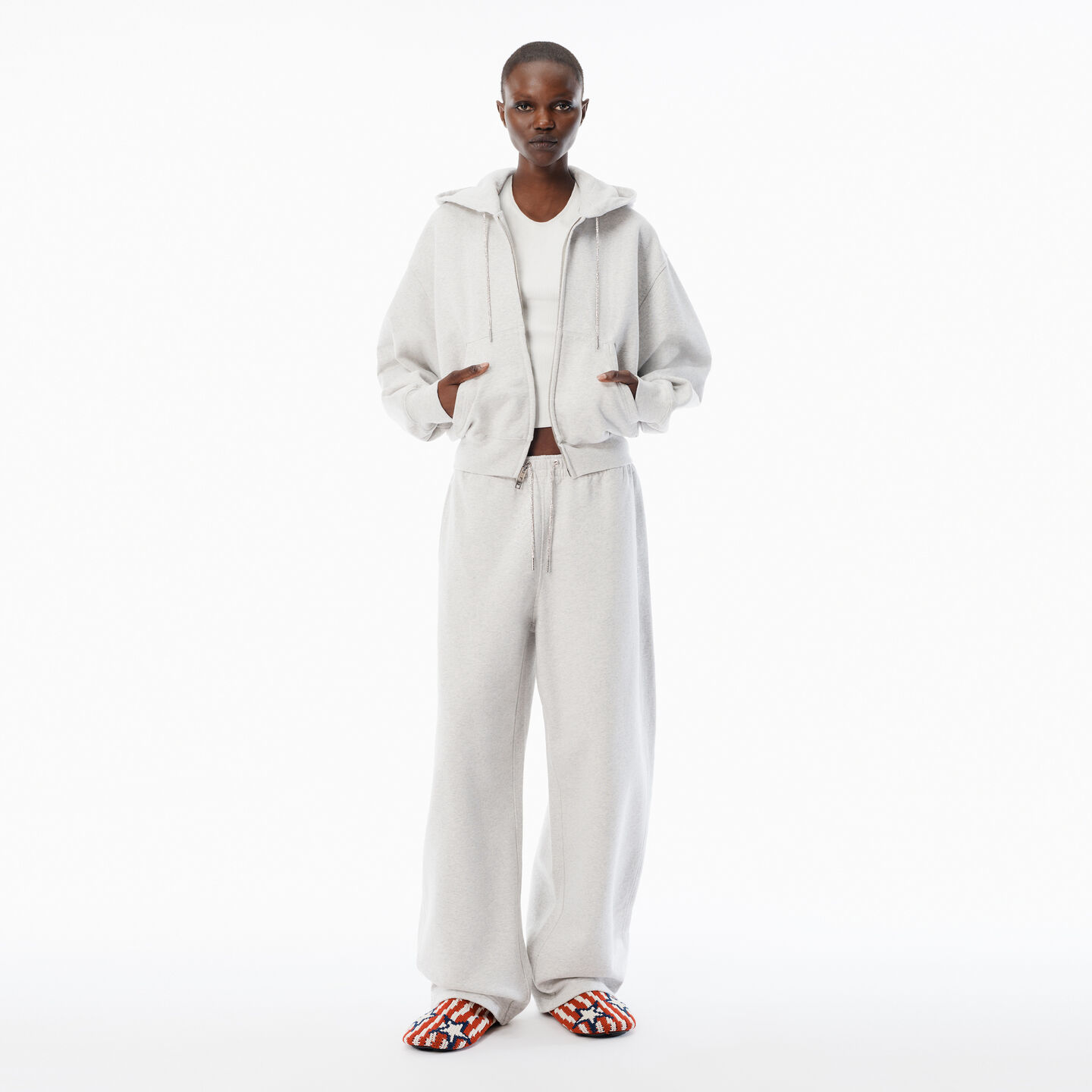 Alexander Wang Grey Cotton Terry Sweatpant With Crystal Hotfix Drawcord In Gray