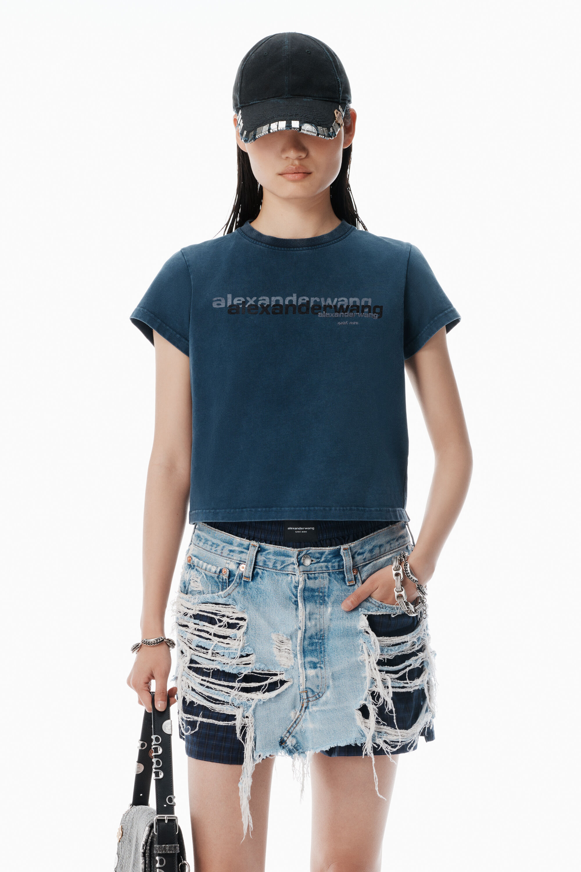 Navy Cotton Shrunken Logo Tee