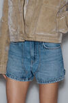Alexander Wang classic worn indigo high-waist workwear shorts in clear bead hotfix