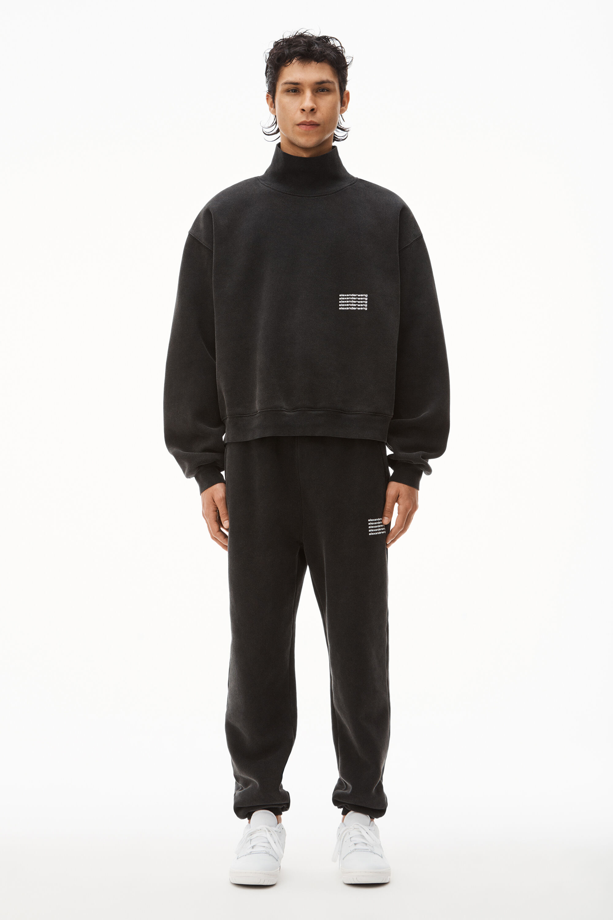 セットアップです♪【alexanderwang】high neck sweat & pants unisex high neck pullover in dense fleece in ACID BLACK