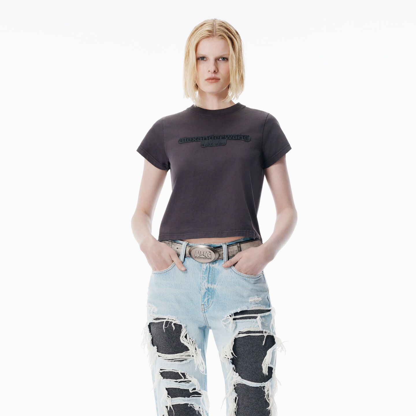 Alexander Wang Reverse Embroidery Logo Washed Jersey T-shirt Clothing In Black