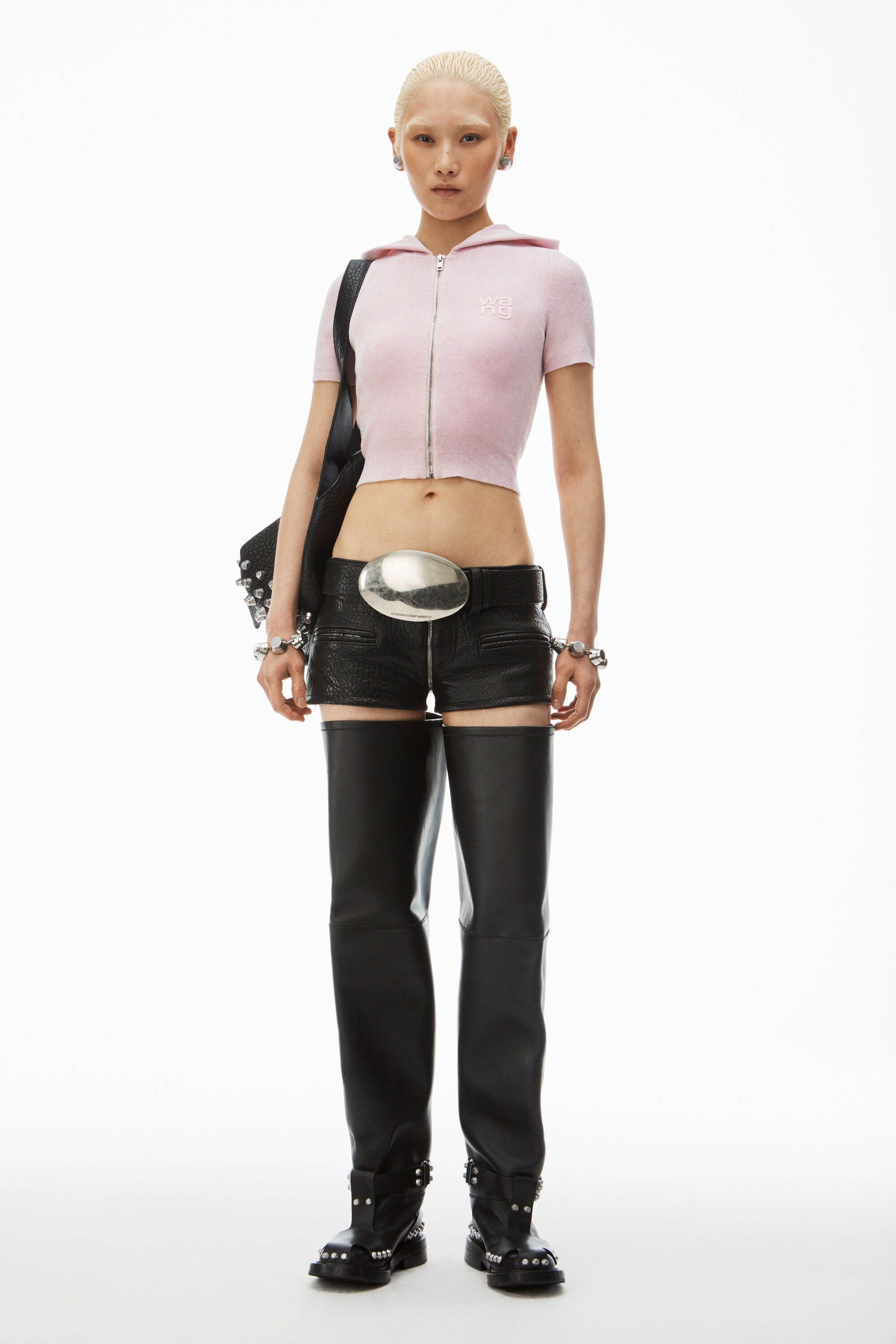cropped zip-up hoodie in chenille in LIGHT PINK | alexanderwang®