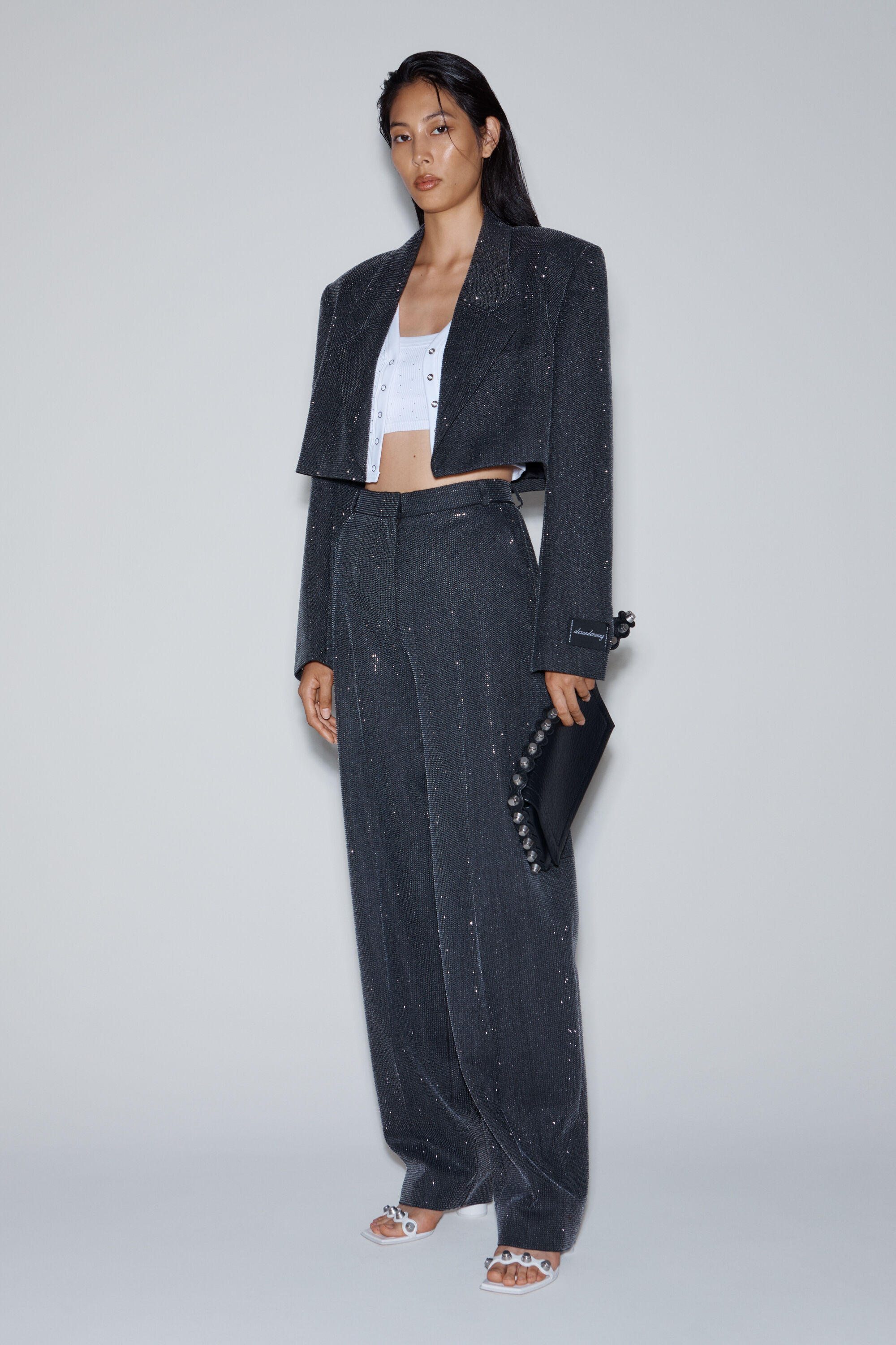 High Waist Pant in Wool Twill with Clear Bead Hotfix in