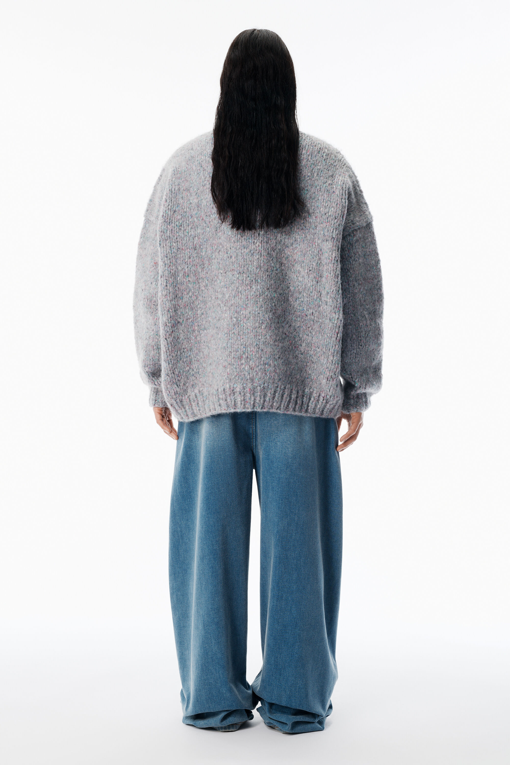 Grey Oversized Pullover with Hand-Crochet Logo in GREY MULTI