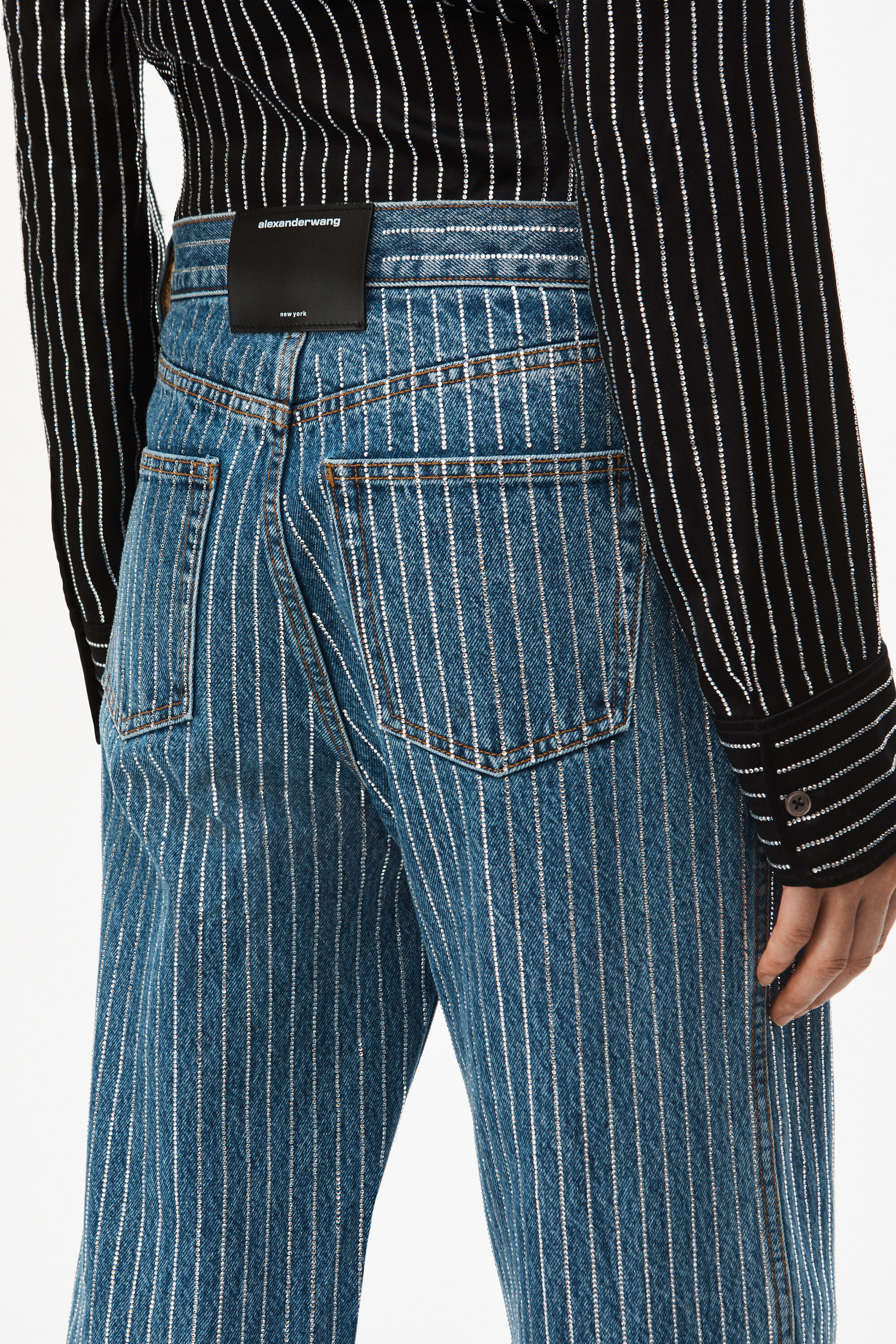 alexanderwang CRYSTAL STRIPE SKATER PANT IN DENIM DEEP alexanderwang CRYSTAL STRIPE SKATER PANT IN DENIM DEEP