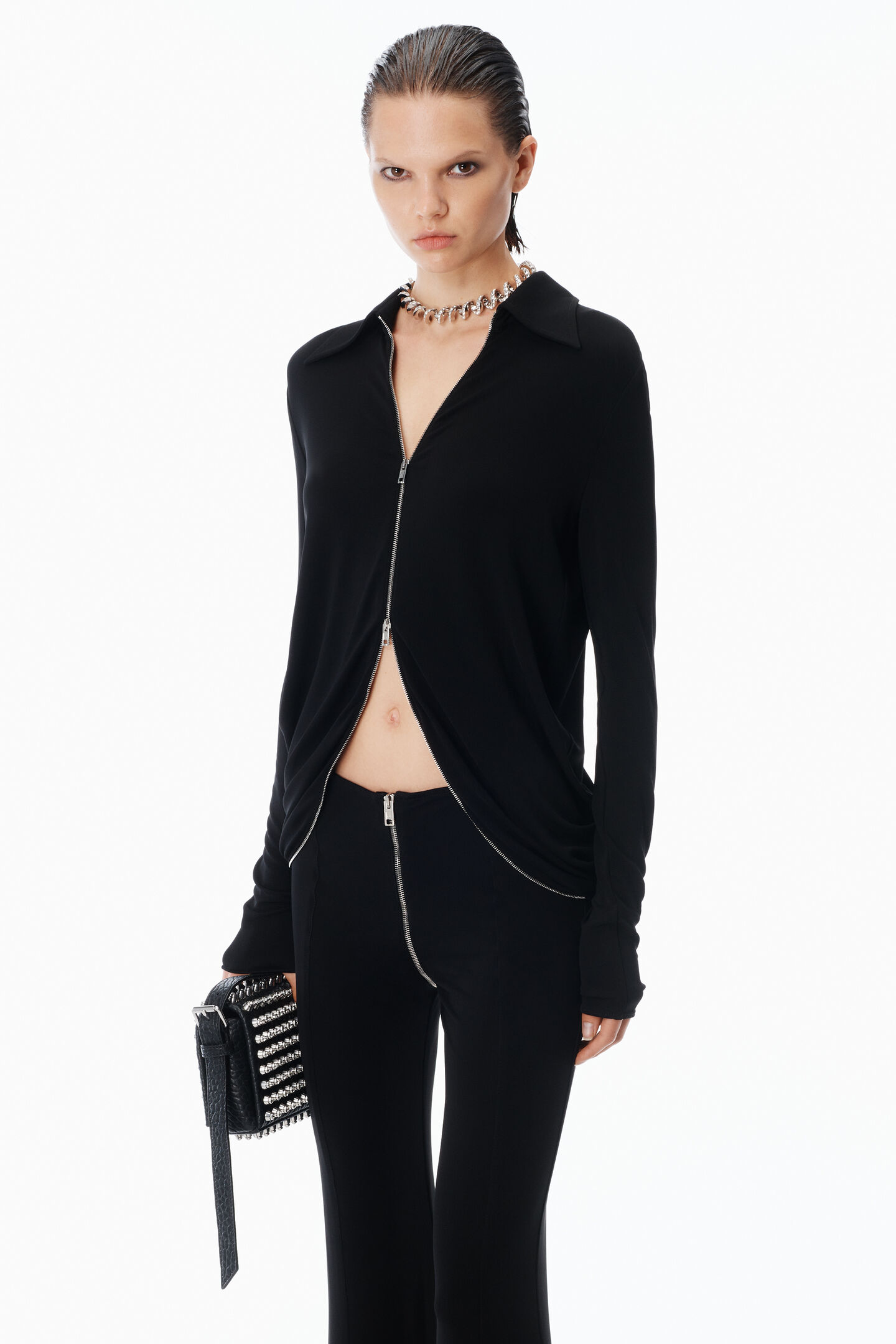 Alexander Wang Draped Back Zip Shirt In Crepe Jersey In Black