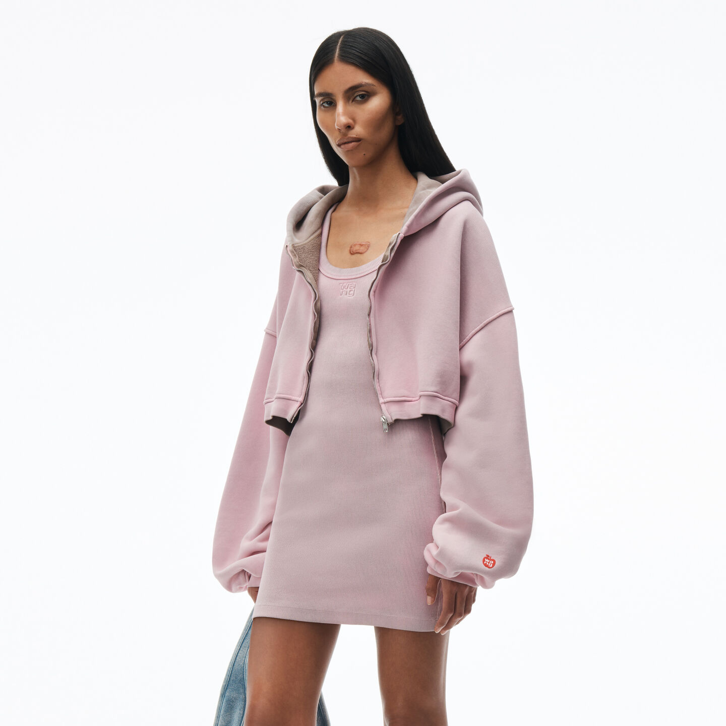 Shop Alexander Wang Crop Zip Up Hoodie In Classic Terry In Washed Pink Lace