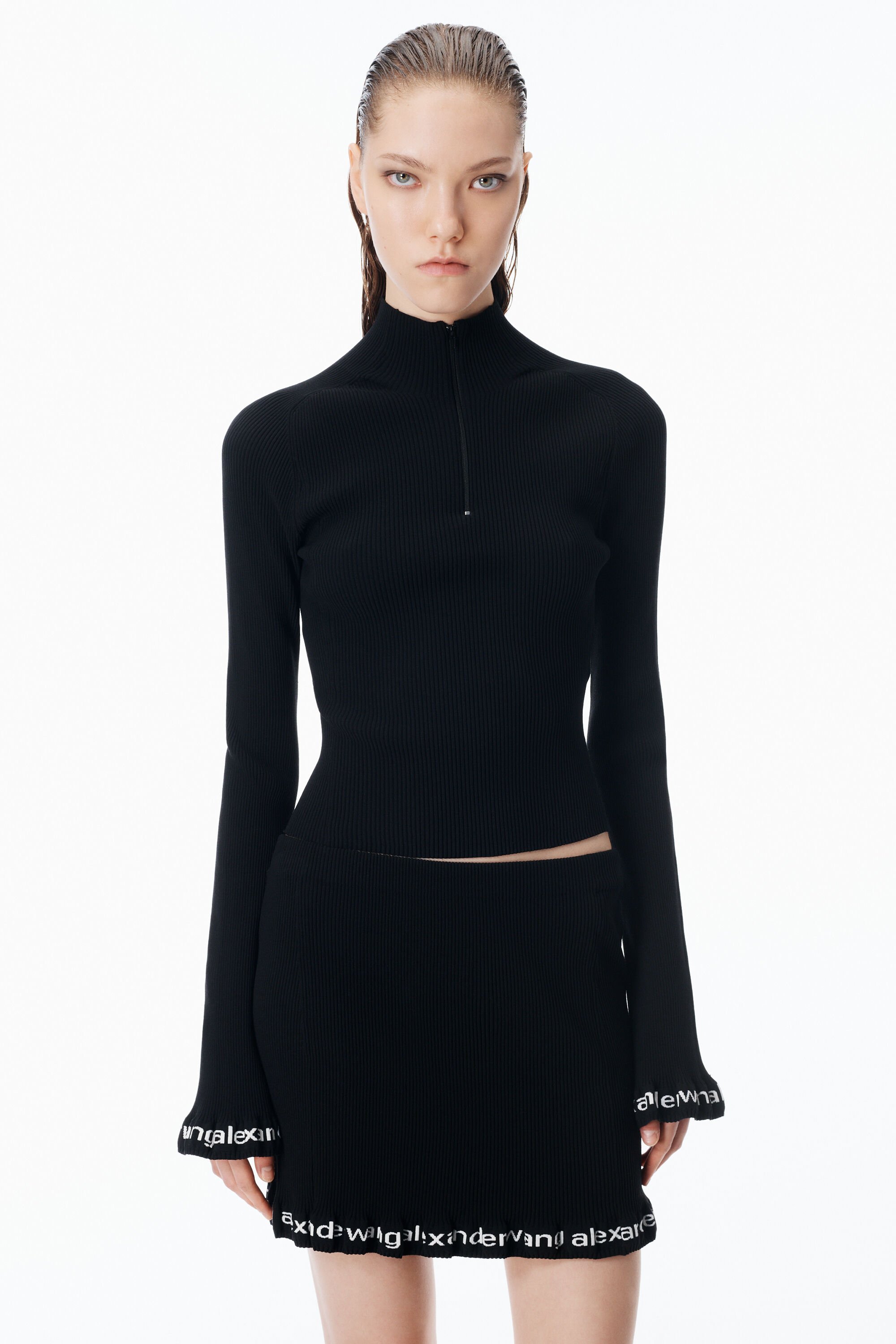 Long-Sleeve Ruffle-Hem Turtleneck in BLACK | alexanderwang®