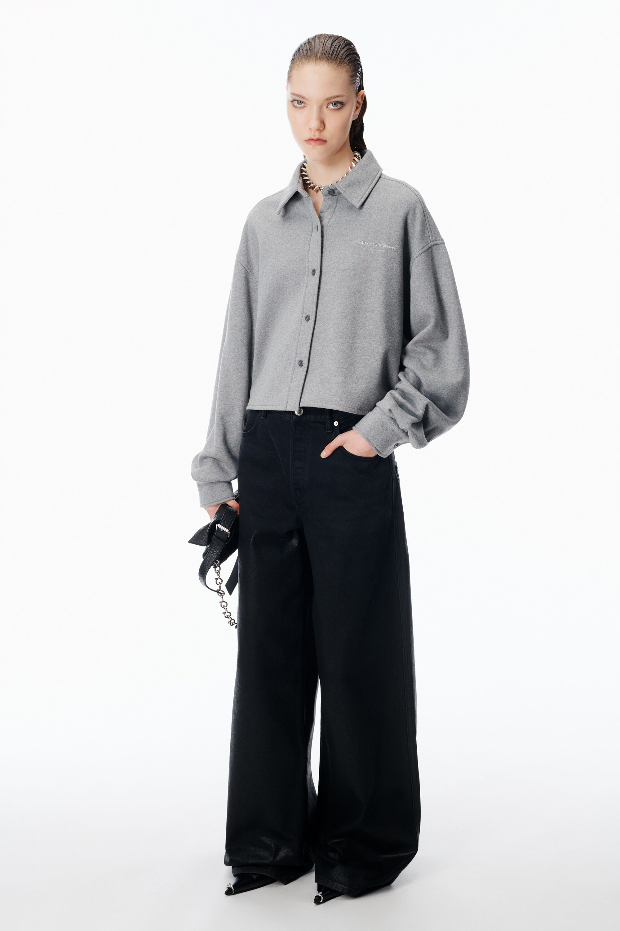 Button Up Cropped Shirt in DARK HEATHER GREY | alexanderwang®