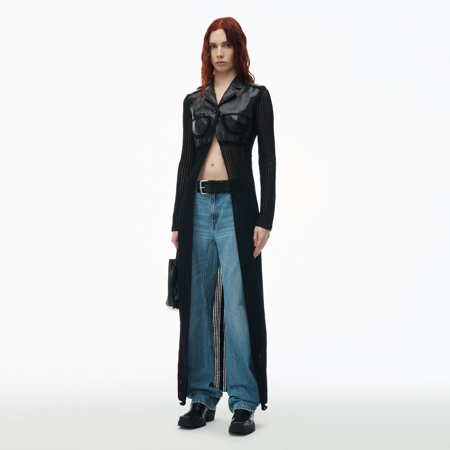 Shop Alexander Wang Maxi Cardigan In Hand-crochet & Crackle Patent Leather In Black