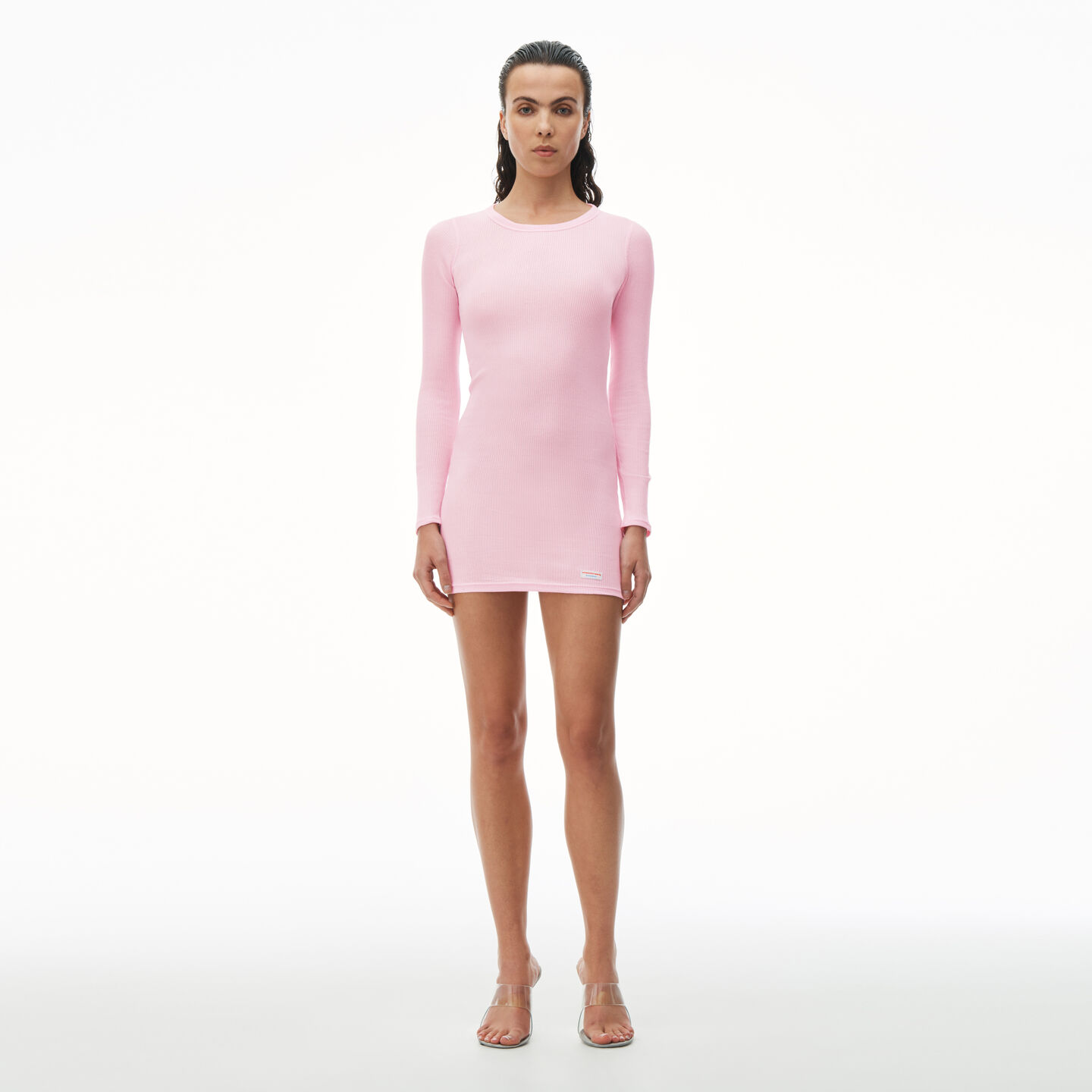 Alexander Wang Long Sleeve Crewneck Dress In Ribbed Cotton In Light Pink
