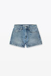 Alexander Wang classic worn indigo high-waist workwear shorts in clear bead hotfix