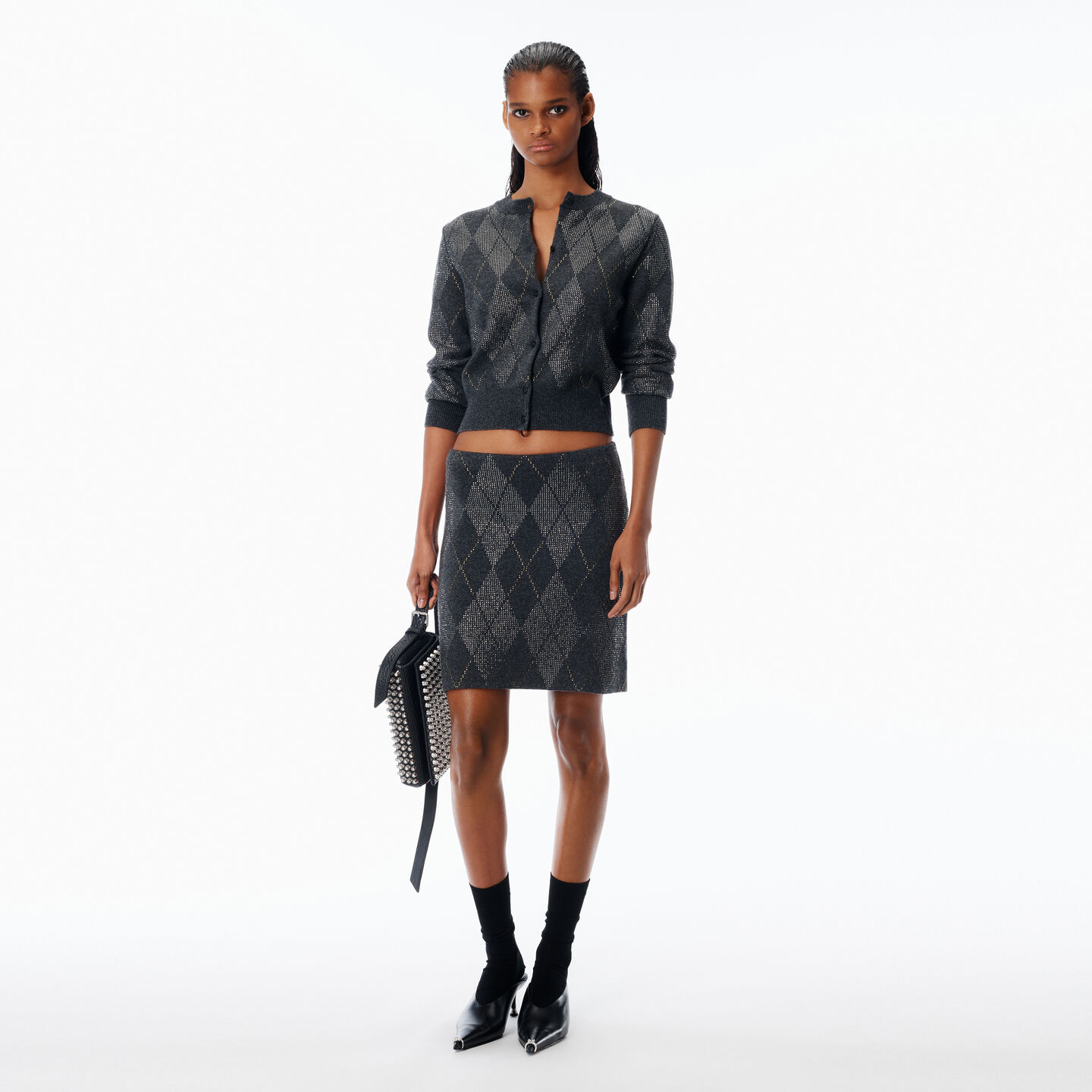 Alexander Wang Crystal Hotfix Argyle Wool-blend Tennis Skirt In Gray