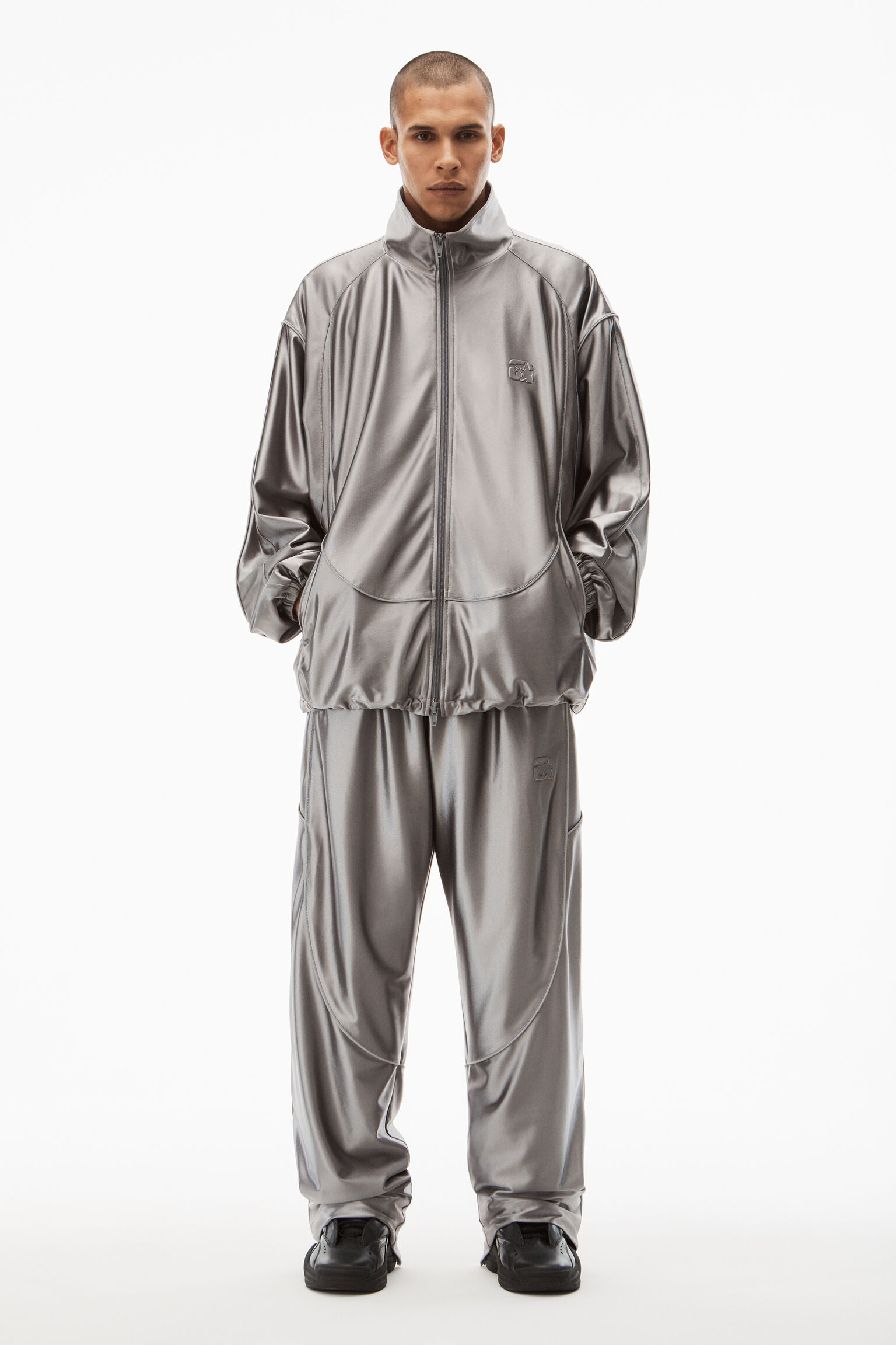 alexanderwang TRACK JACKET IN SATIN FAILLE JERSEY EARL GREY - alexanderwang®  US