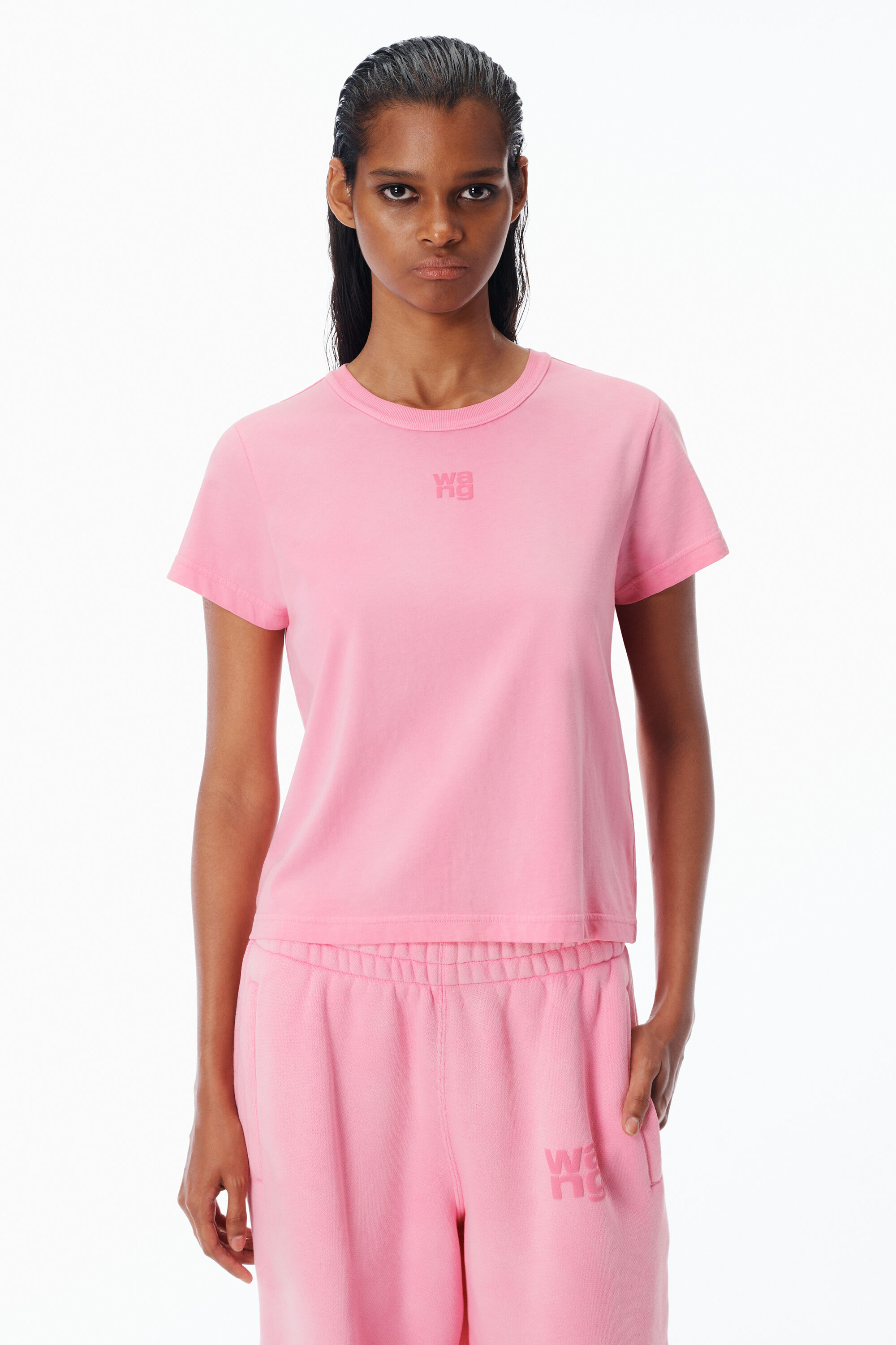 pink shrunken cotton tee with logo in WASHED LOTUS | alexanderwang®