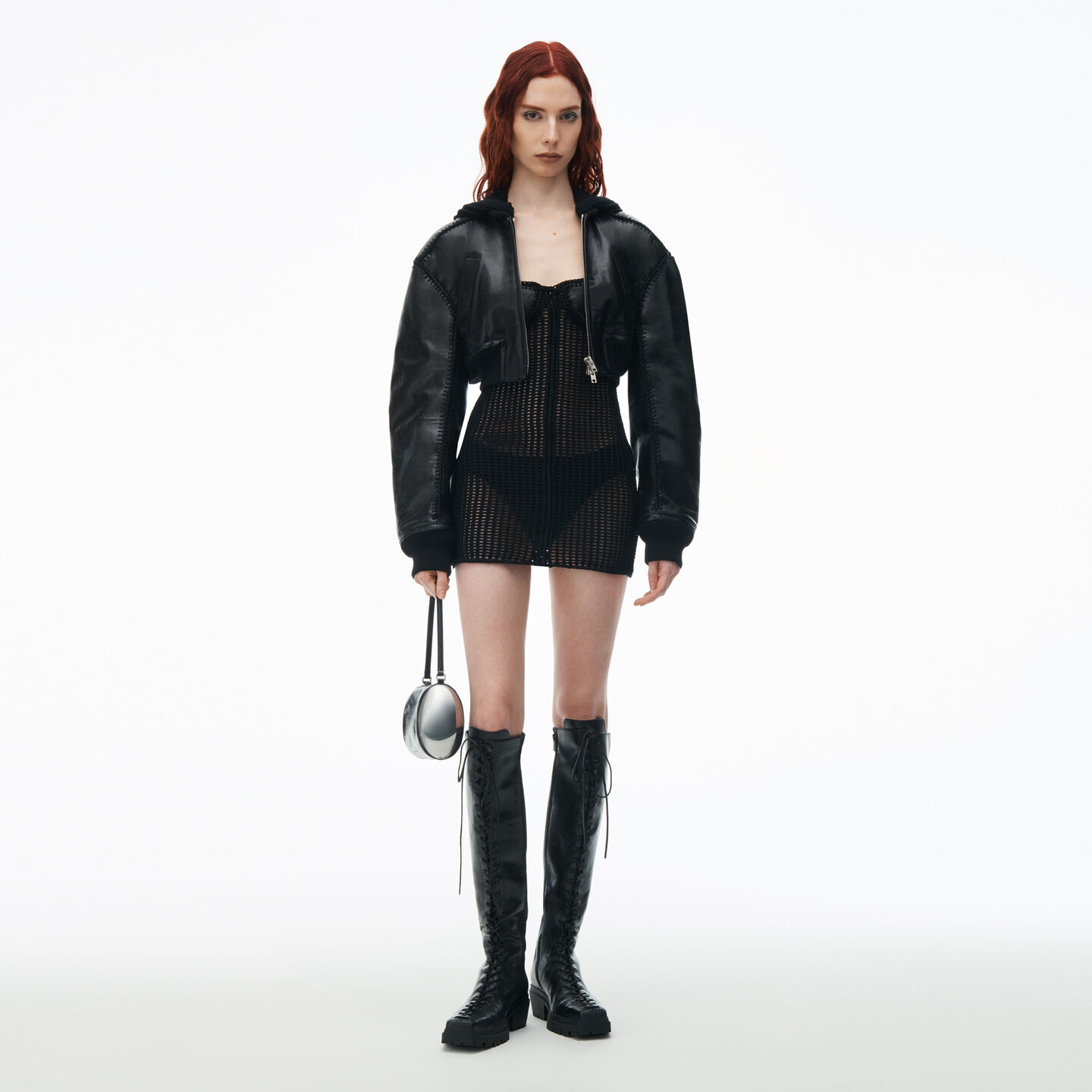 Shop Alexander Wang Leather Bomber Jacket With Crochet Hood In Black