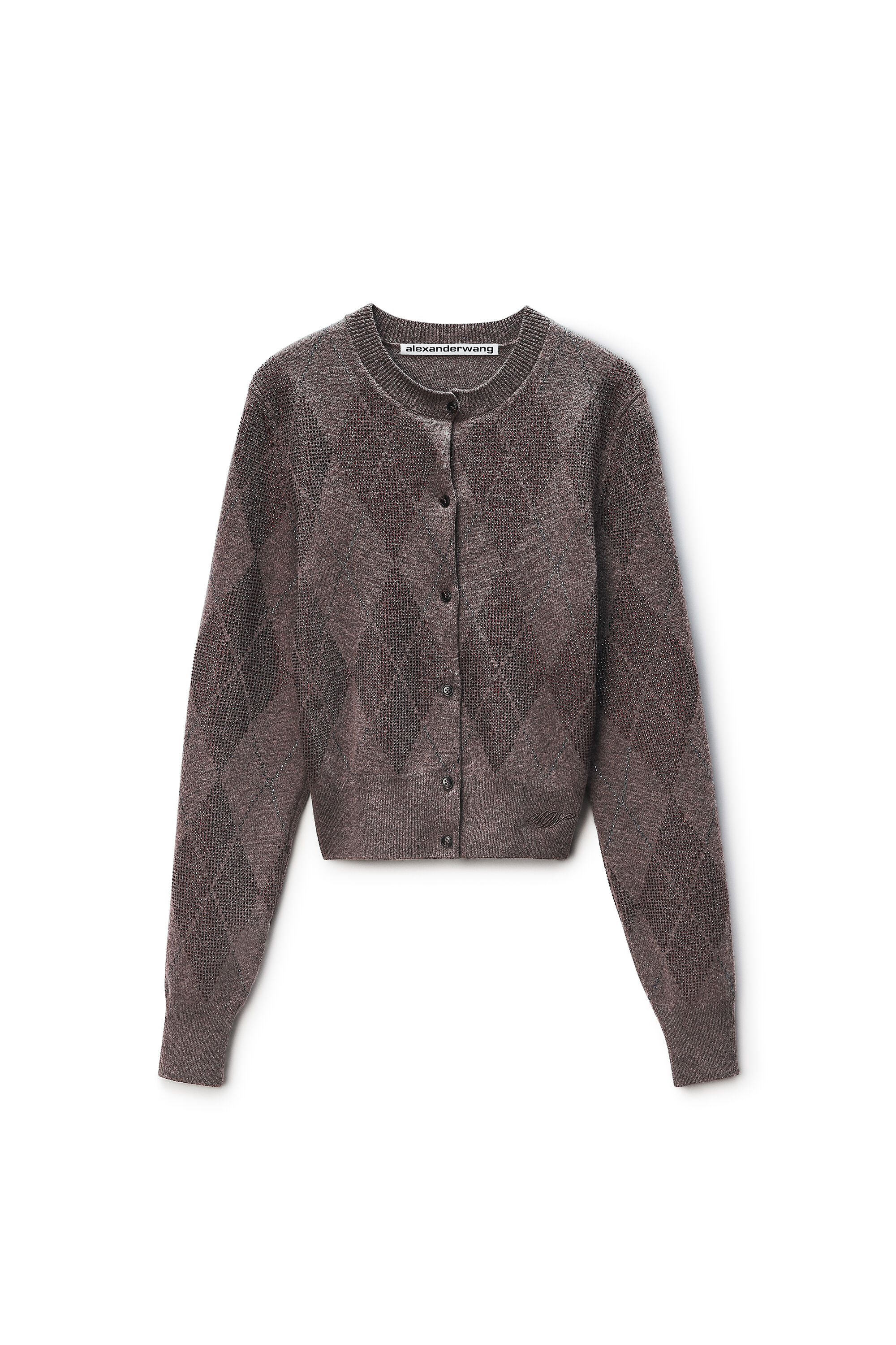 Crystal Hotfix Wool-Blend Argyle Cardigan in BROWN | alexanderwang®