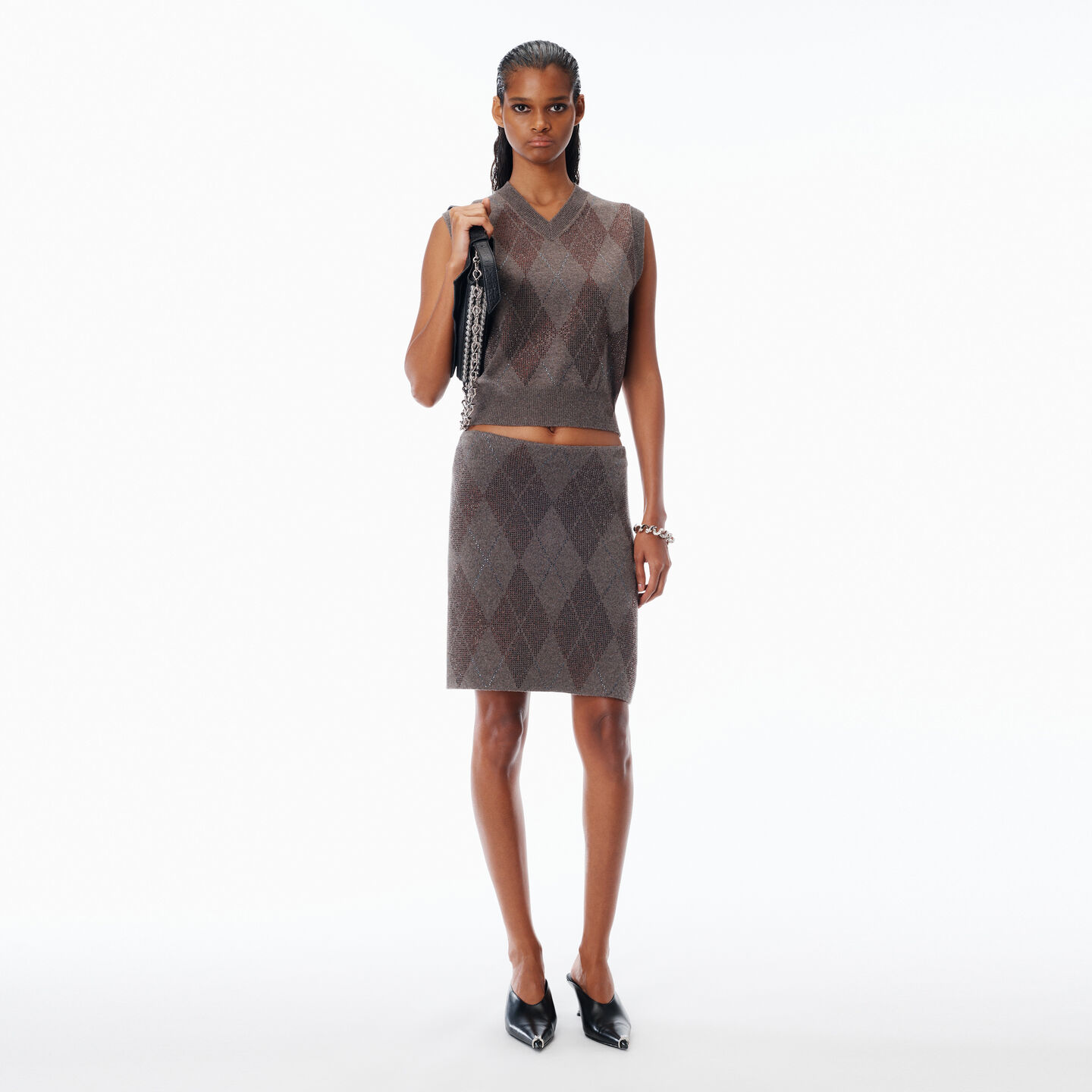 Alexander Wang Crystal Hotfix Argyle Wool-blend Tennis Skirt In Brown