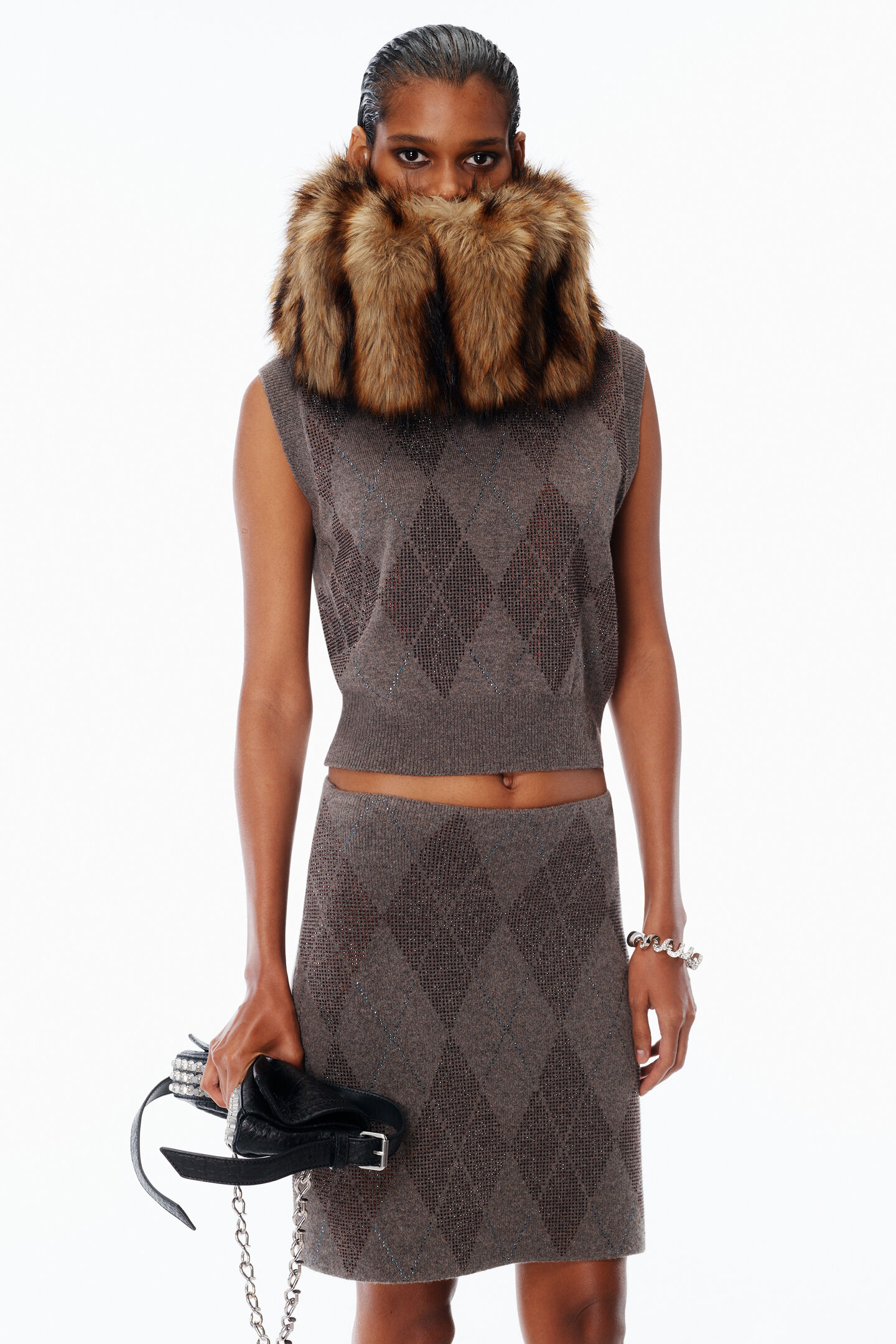 Alexander Wang Crystal Hotfix Argyle Wool-blend Tennis Skirt In Brown