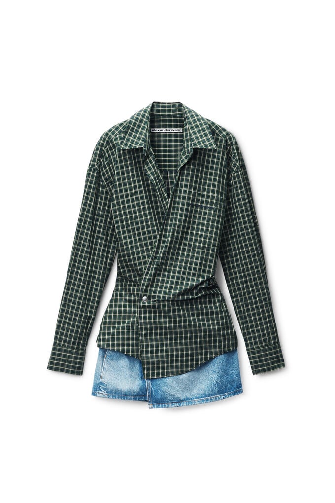 Alexander Wang Long Sleeve Check & Denim Wrap Dress In Green