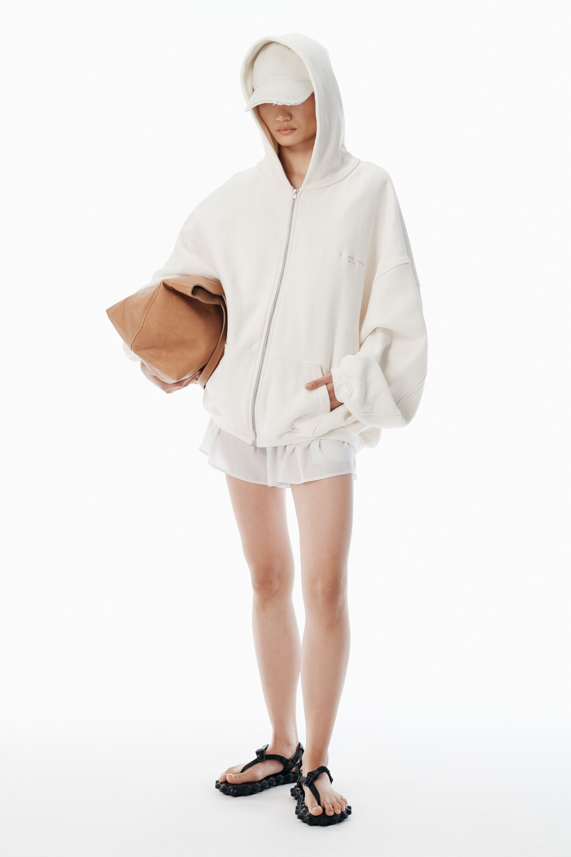 White Cotton Logo Zip-Up Hoodie in VINTAGE WHITE | alexanderwang®