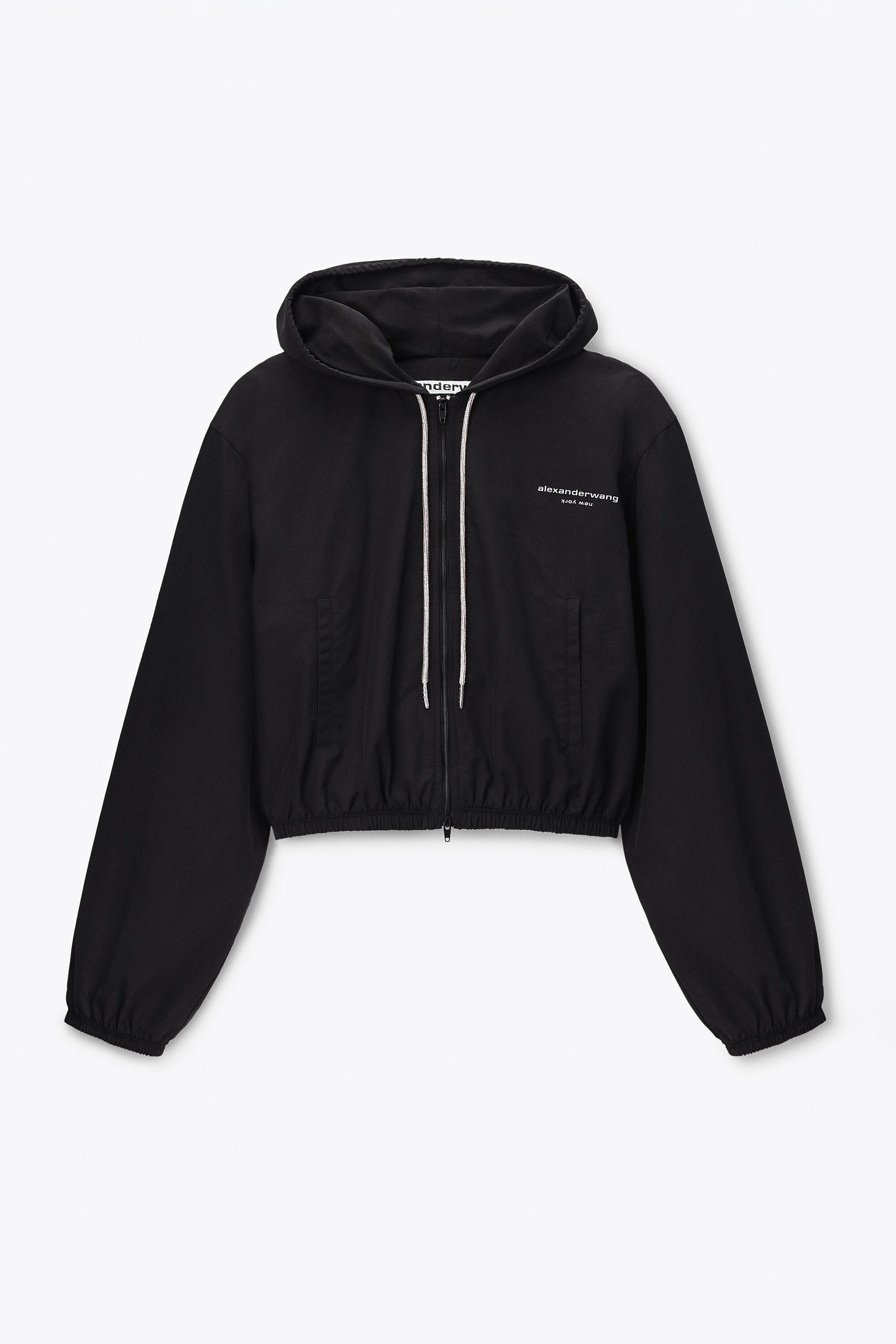 Cropped Zip-Up Hoodie with Crystal Drawcord in BLACK | alexanderwang®