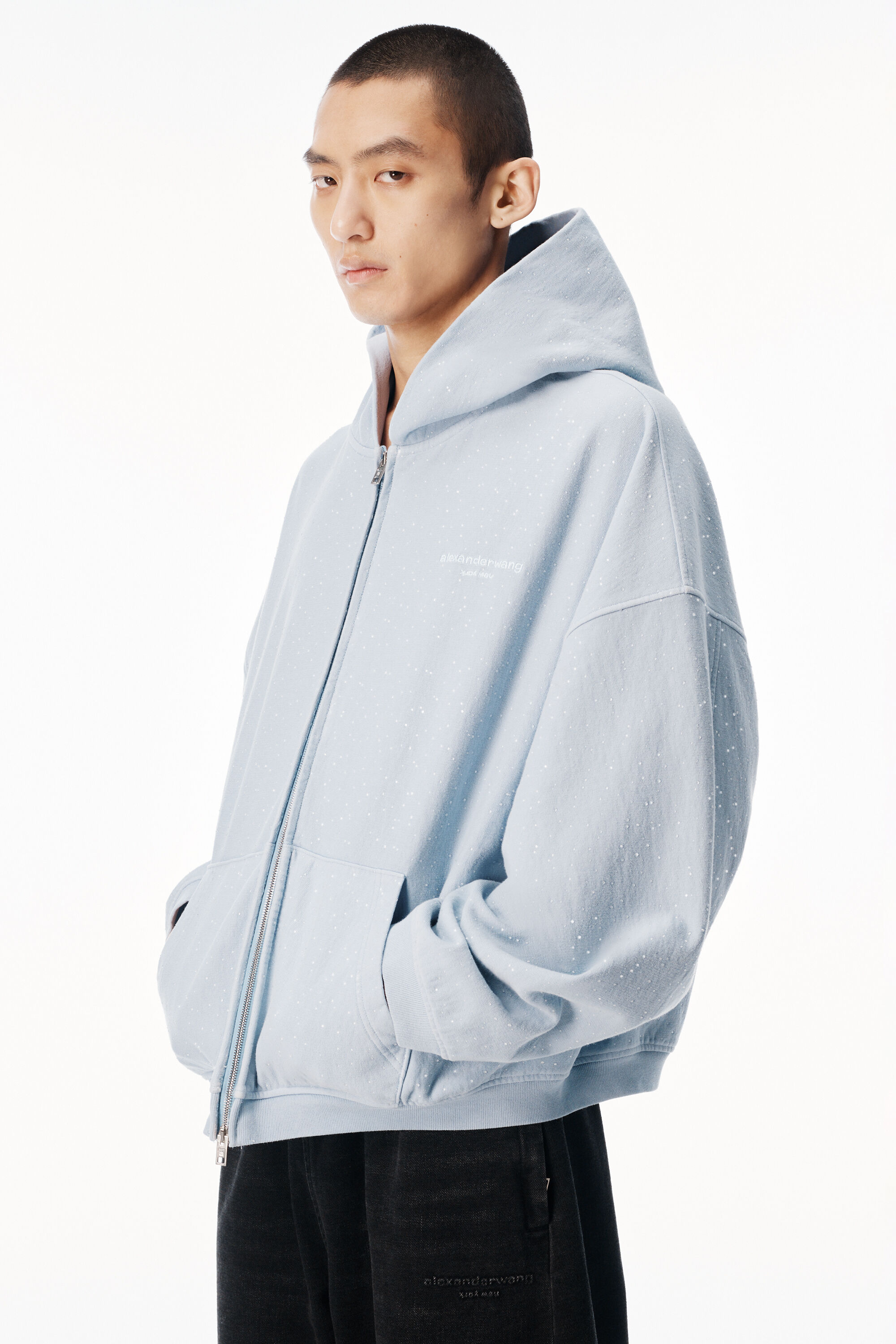 CRYSTAL OVERSIZED ZIP-UP HOODIE in WASHED SKY | alexanderwang®