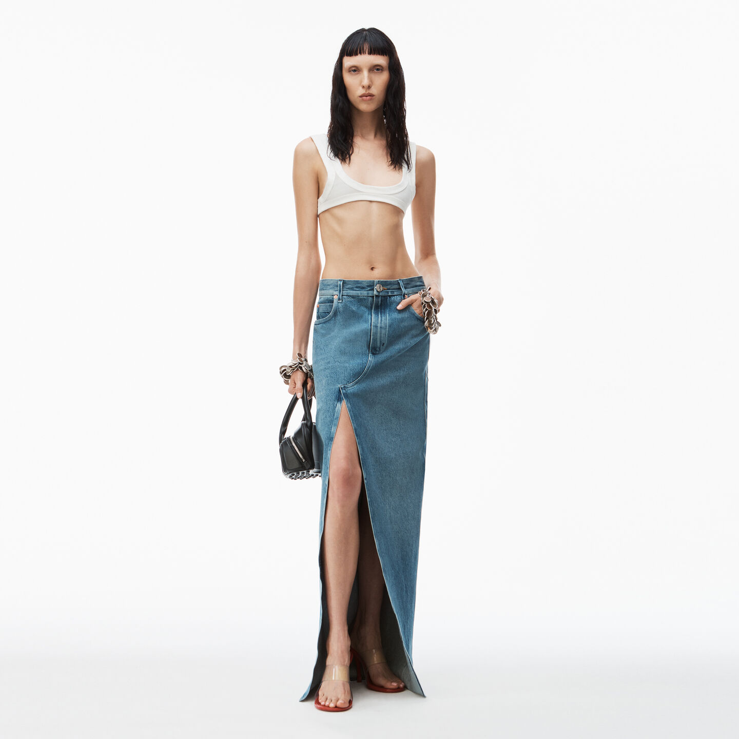 Shop Alexander Wang Bonded Long Crossover Skirt In Denim In Vintage Medium Indigo