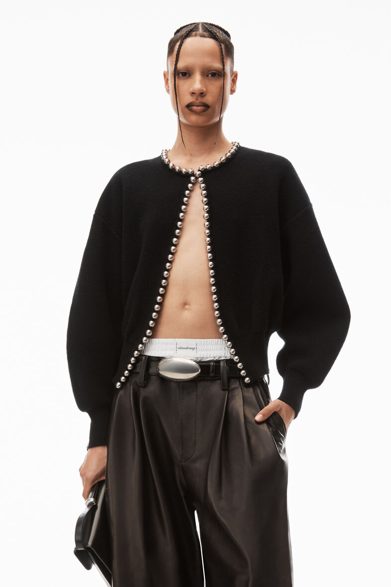 crewneck cardigan with ball chain trim in BLACK | alexanderwang®