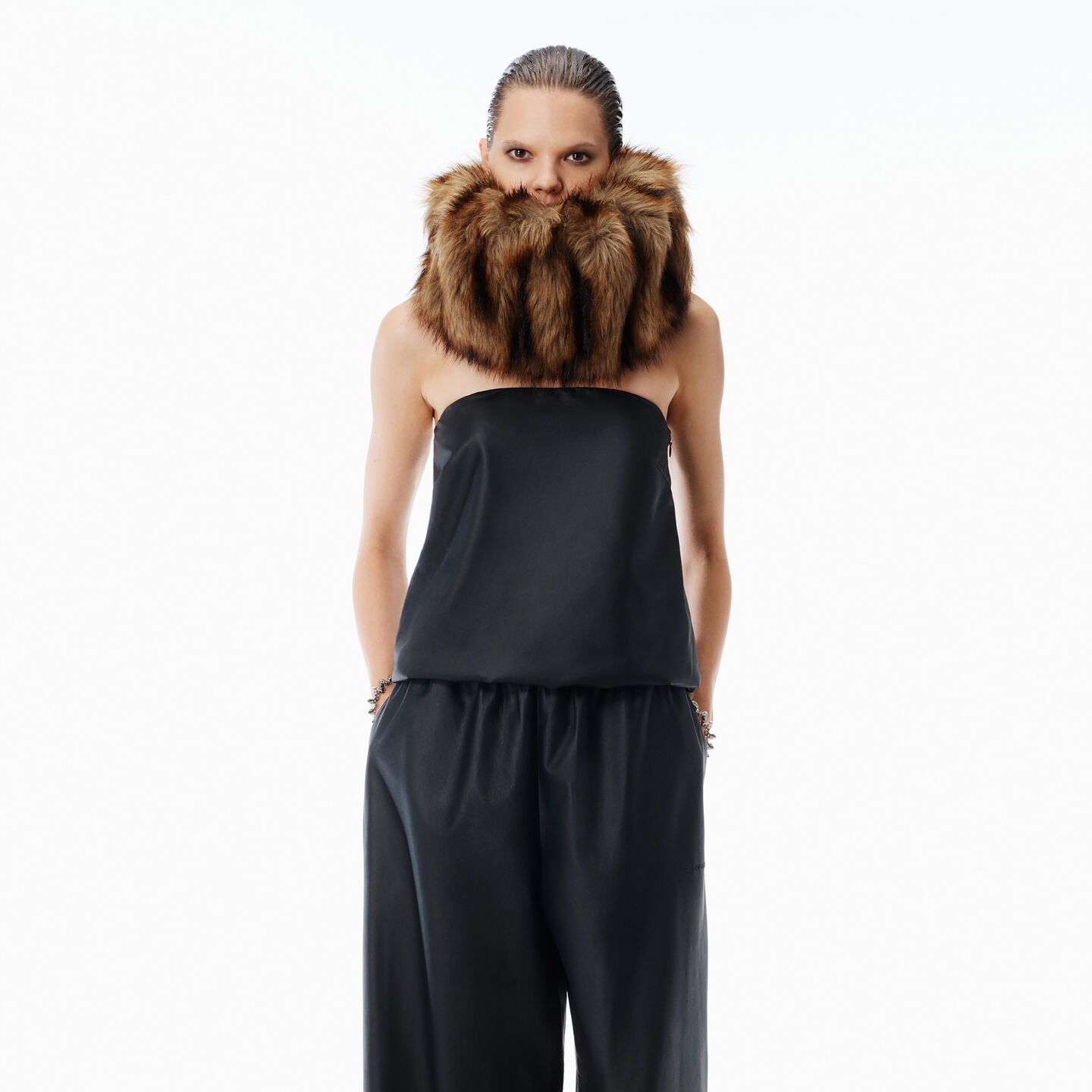 Alexander Wang Strapless Leather Bubble Top In Black