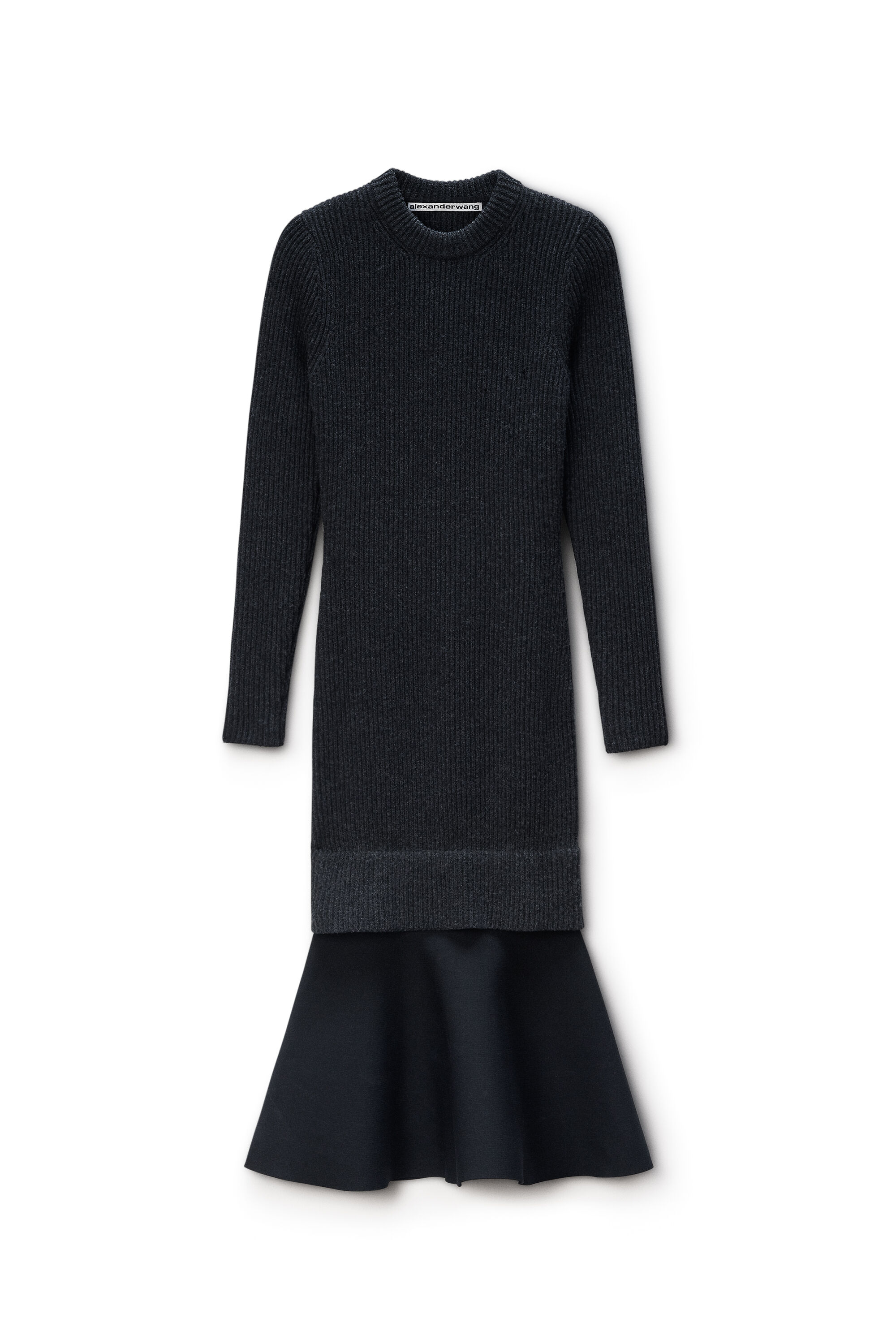 Ribbed Long-Sleeve Dress in Wool in CHARCOAL | alexanderwang®
