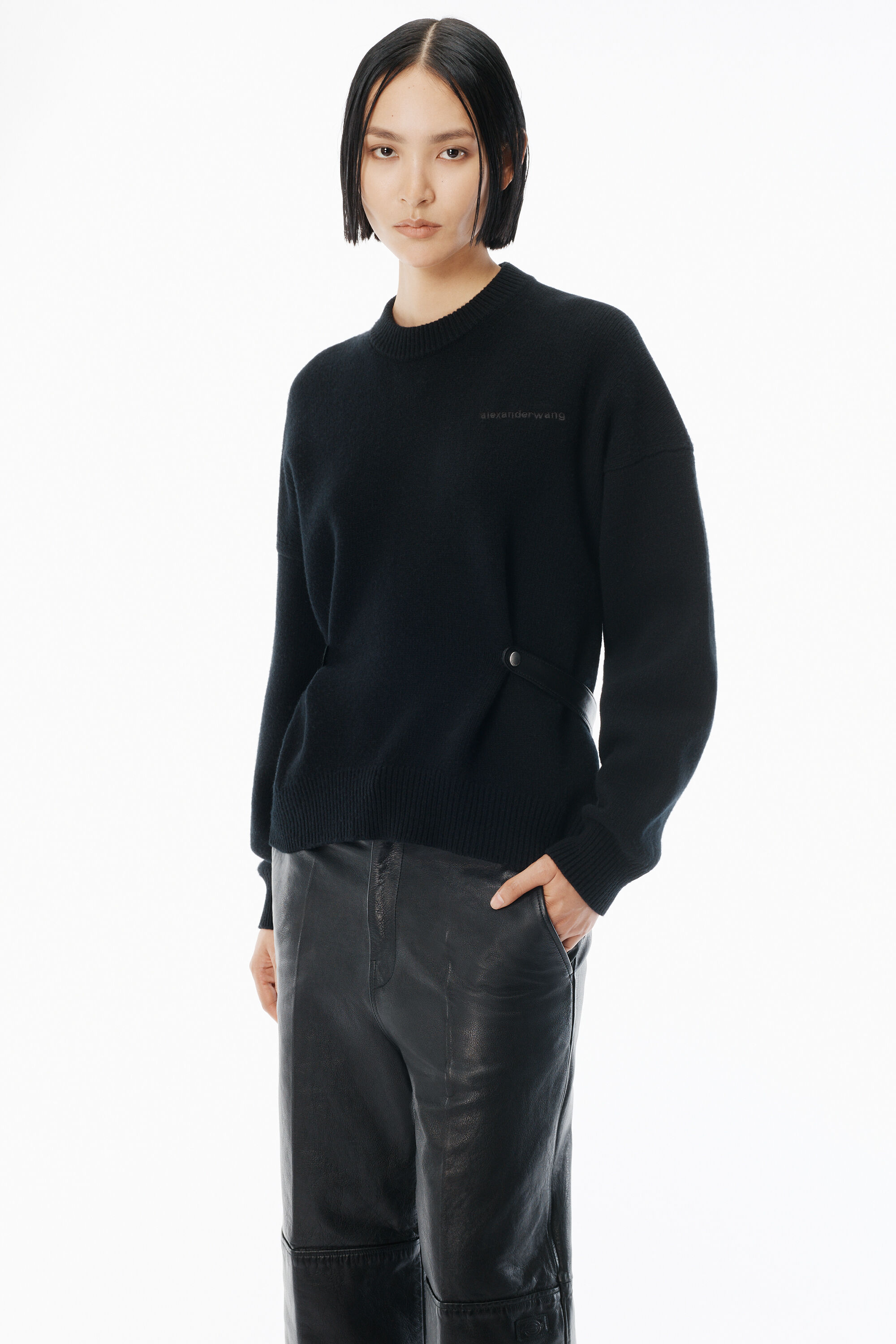 Black Wool-Cotton Crewneck Pullover in BLACK | alexanderwang®