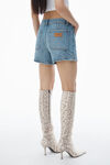 Alexander Wang classic worn indigo high-waist workwear shorts in clear bead hotfix