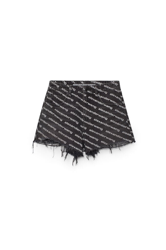 Alexander Wang Omens Grey Aged White Logo-print Bite Denim Shorts In Black