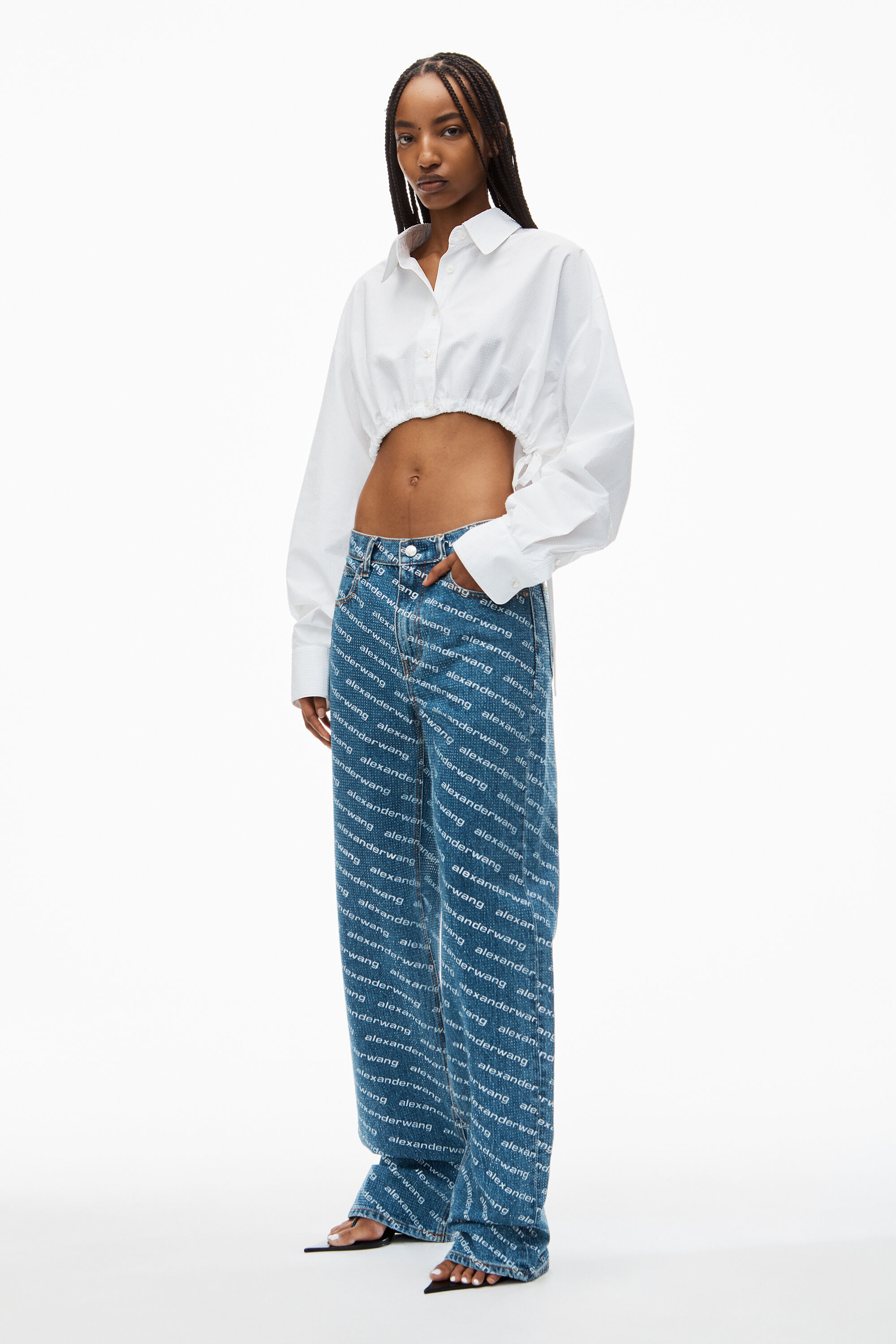 EZ Mid Rise Jeans in Logo Crystal Hotfix in DEEP BLUE/WHITE