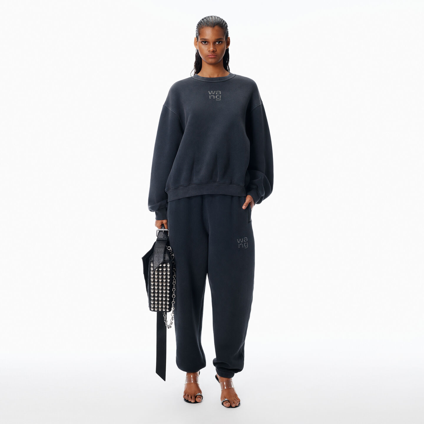 Alexander Wang Crystal Hotfix Logo Sweatpant In Brushed Terry In Black
