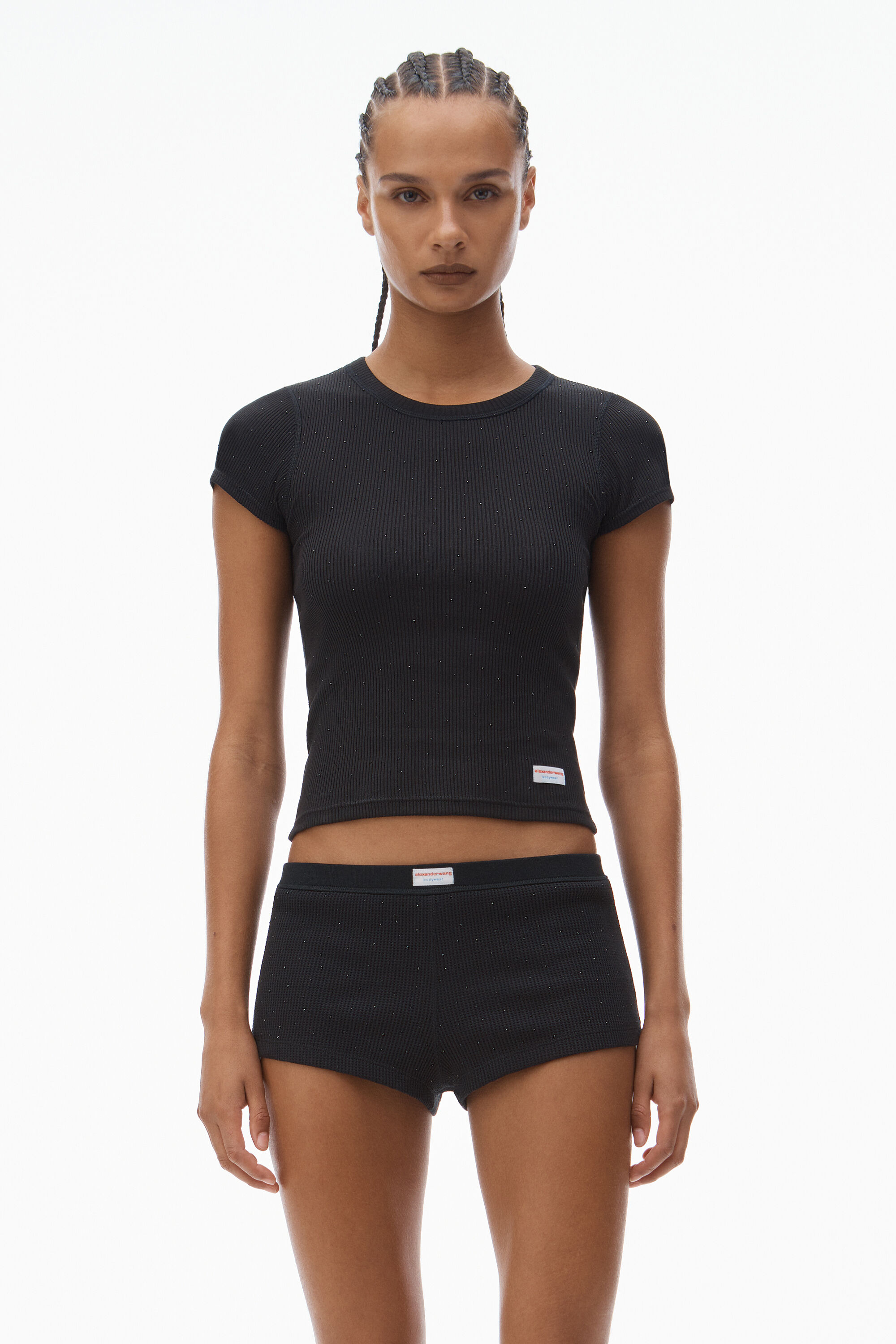 Crystal Hotfix Scoop Neck Tee in BLACK | alexanderwang®