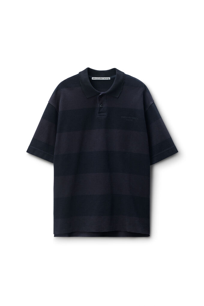Alexander Wang Black Striped Cotton Pique Polo