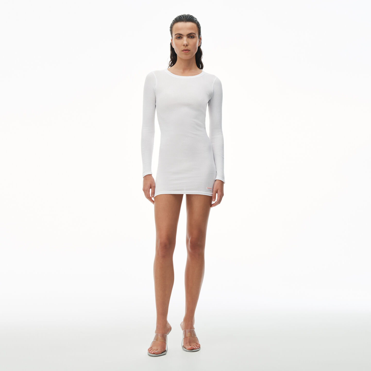 Alexander Wang Long Sleeve Crewneck Dress In Ribbed Cotton In White