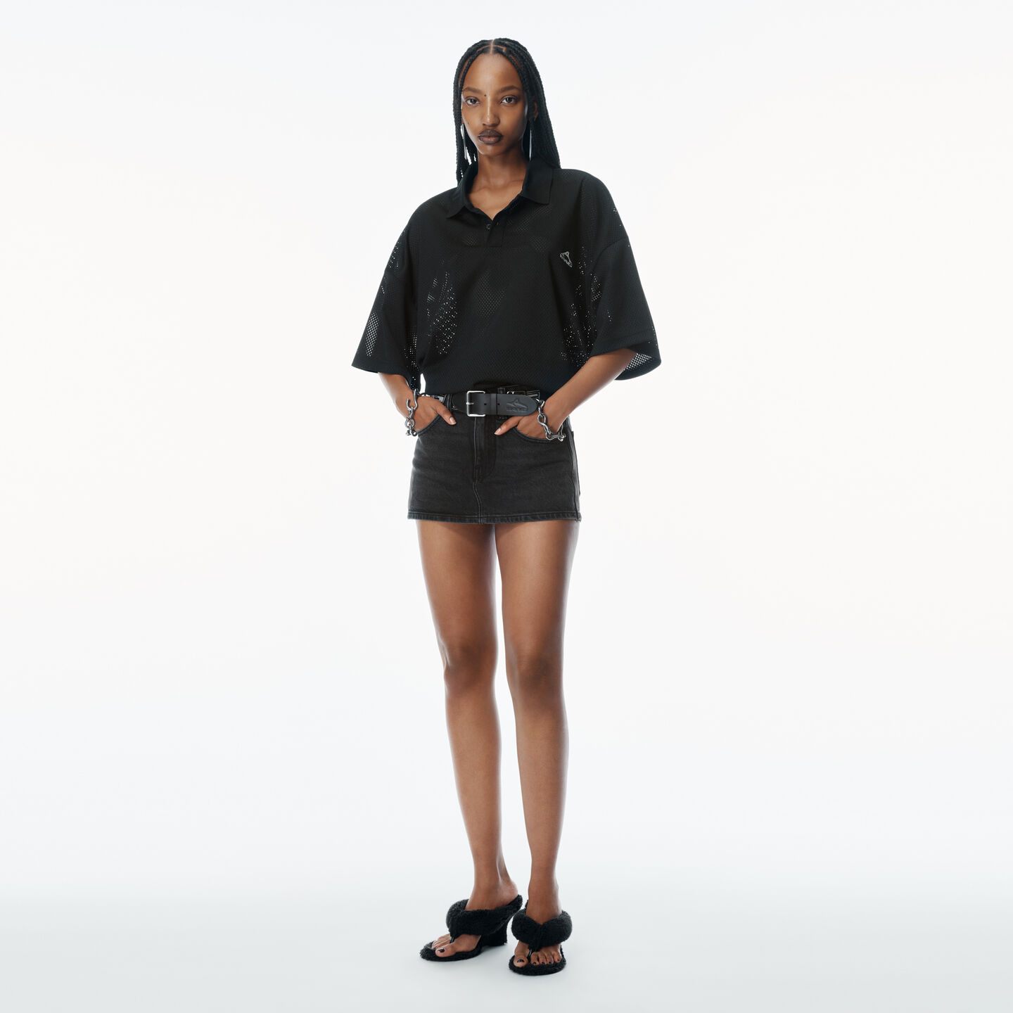 Alexander Wang Mid Rise Mini Skort In Comfort Denim Stretch In Grey Aged
