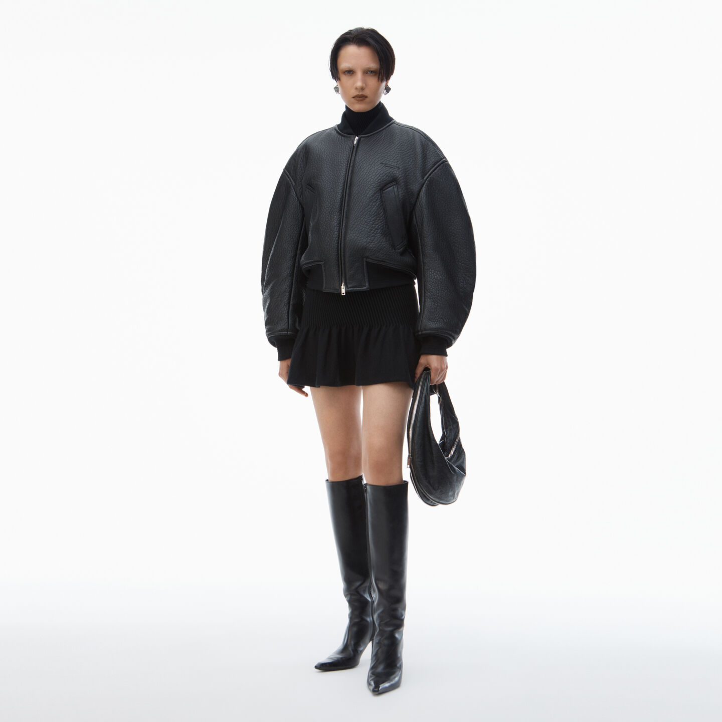 Alexander Wang Cropped Bomber Jacket In Primal Lambskin Leather In Black