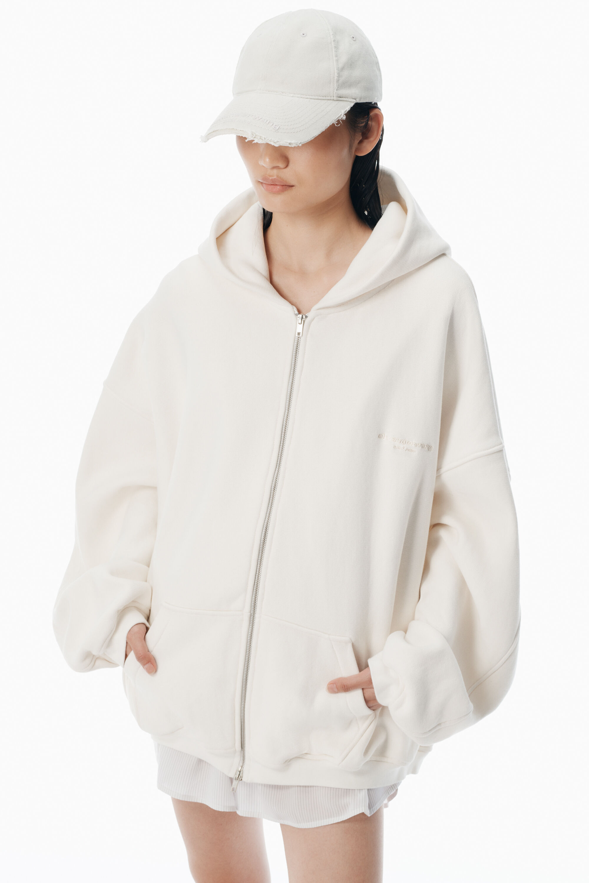 alexanderwang ホワイト フード付きパーカー White Cotton Logo Zip-Up Hoodie in VINTAGE WHITE | alexanderwang®