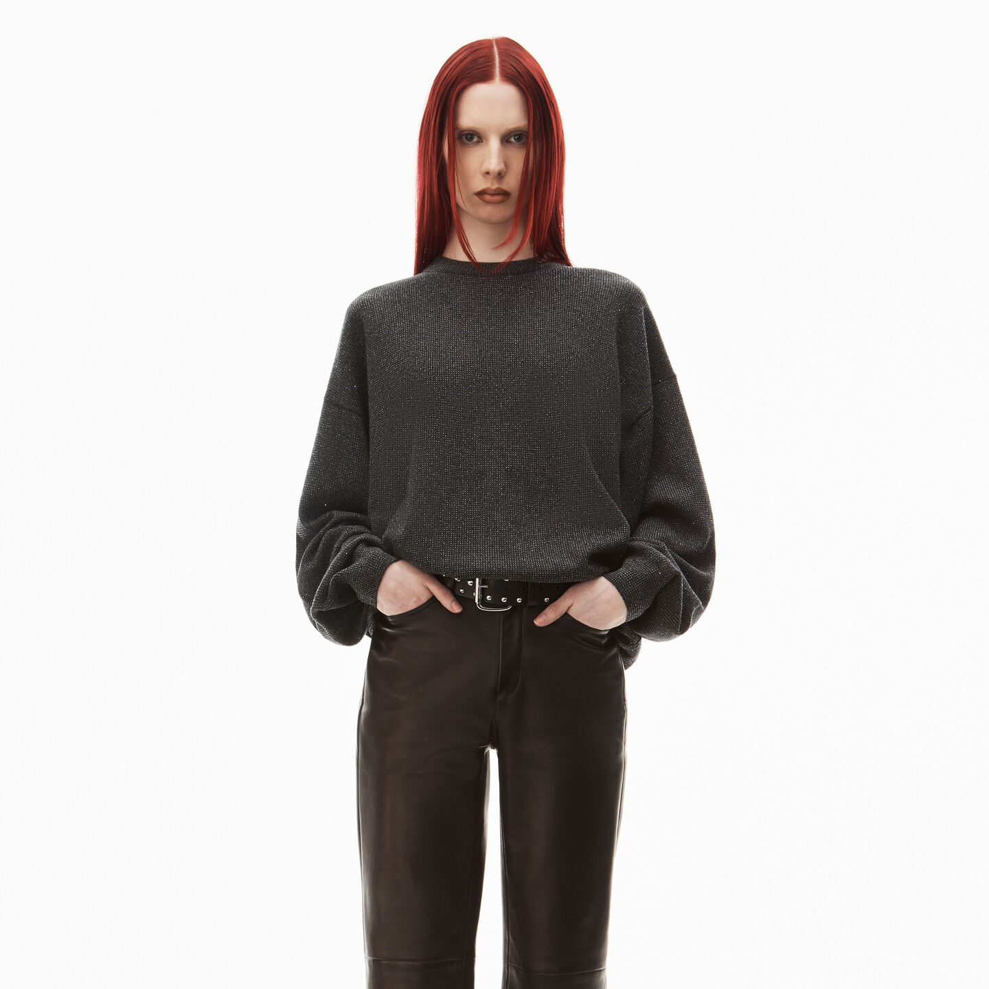 Alexander Wang Crystal Hotfix Crewneck Pullover In Wool-cashmere In Charcoal Melange